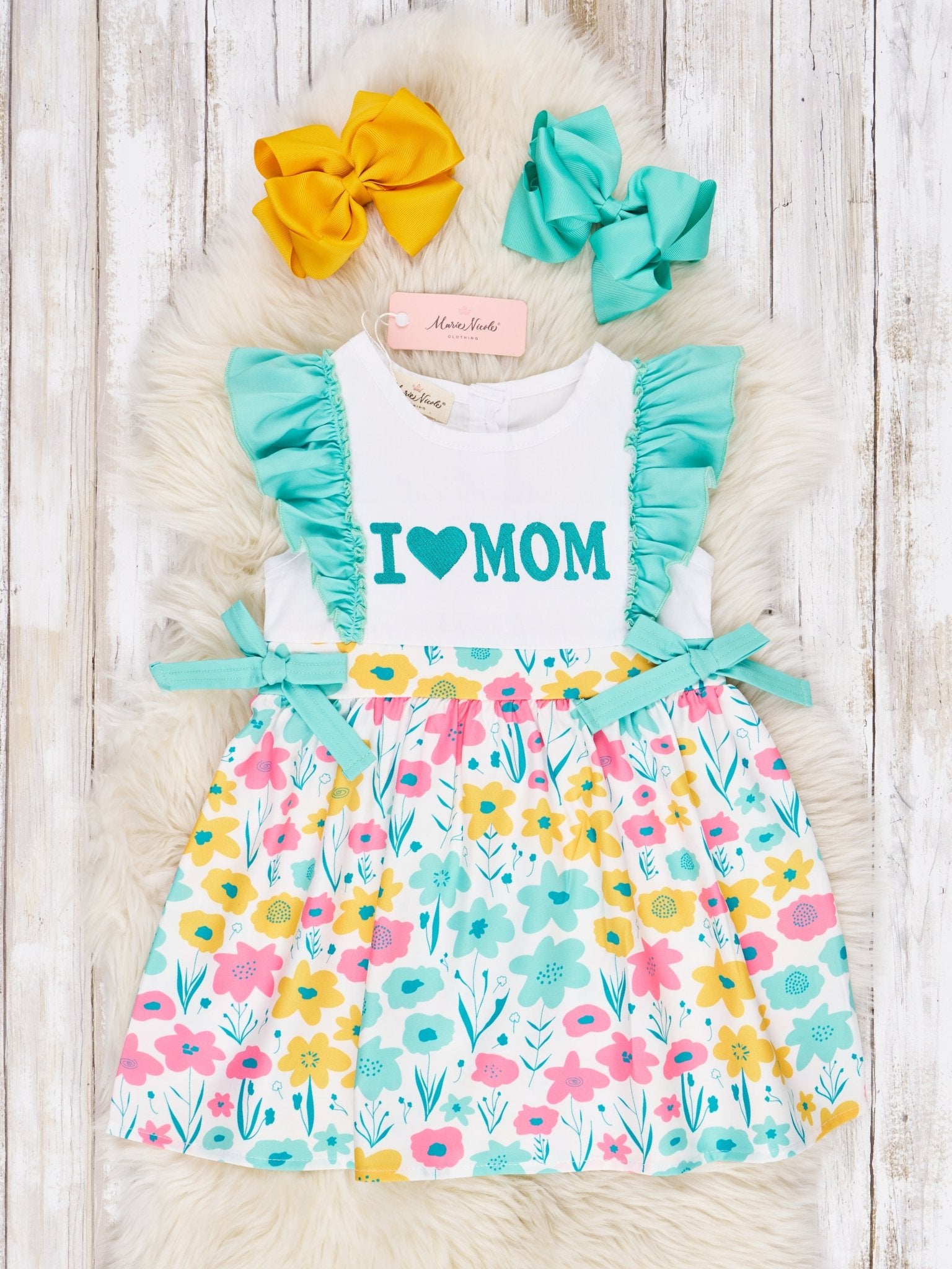Mint "I Love Mom" Ruffle Dress - Marie Nicole Clothing