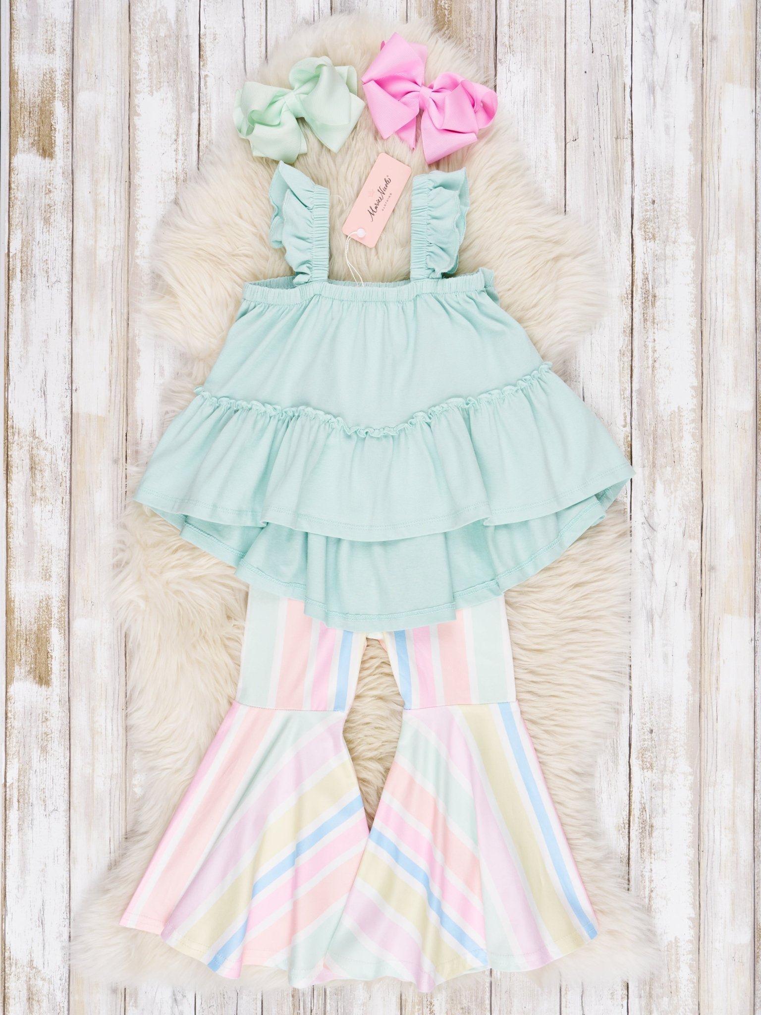Mint Tiered Ruffle Tank & Bell Bottoms Outfit - Marie Nicole Clothing