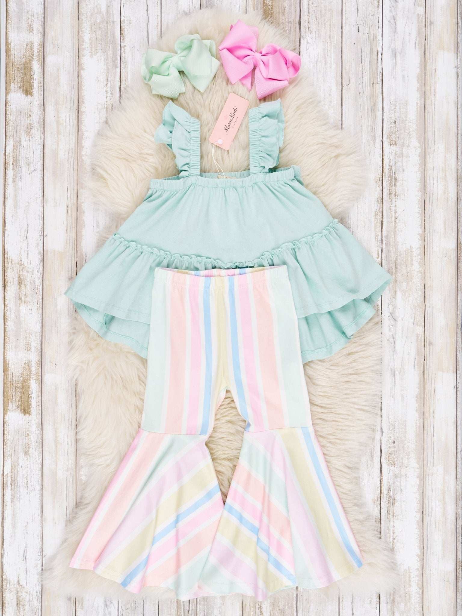 Mint Tiered Ruffle Tank & Bell Bottoms Outfit - Marie Nicole Clothing
