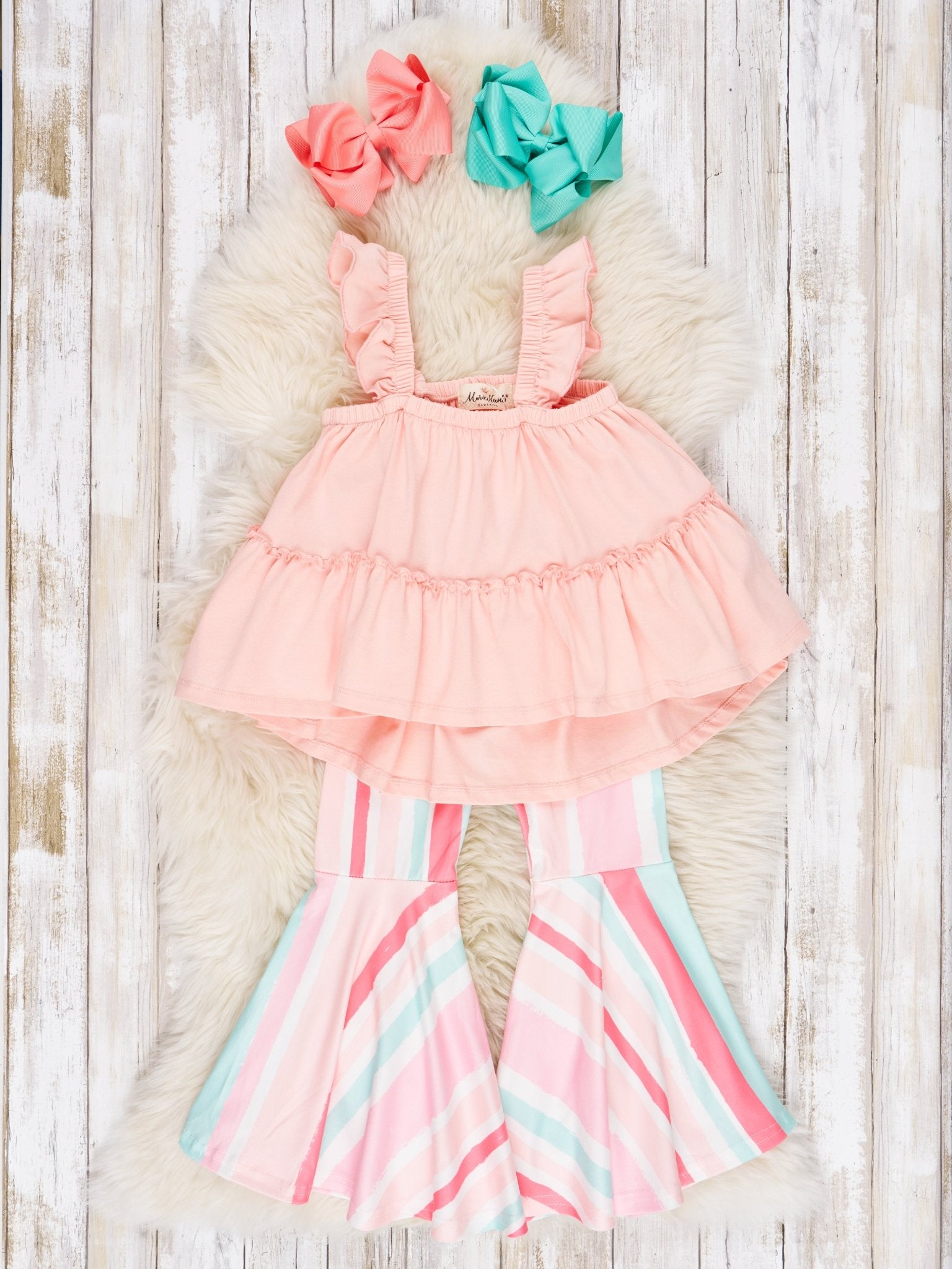 Peach Tiered Ruffle Tank & Bell Bottoms Outfit - Marie Nicole Clothing