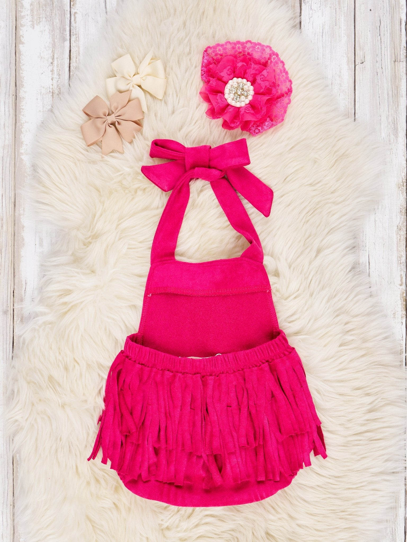 Pink Suede Fringe Tie Romper - Marie Nicole Clothing