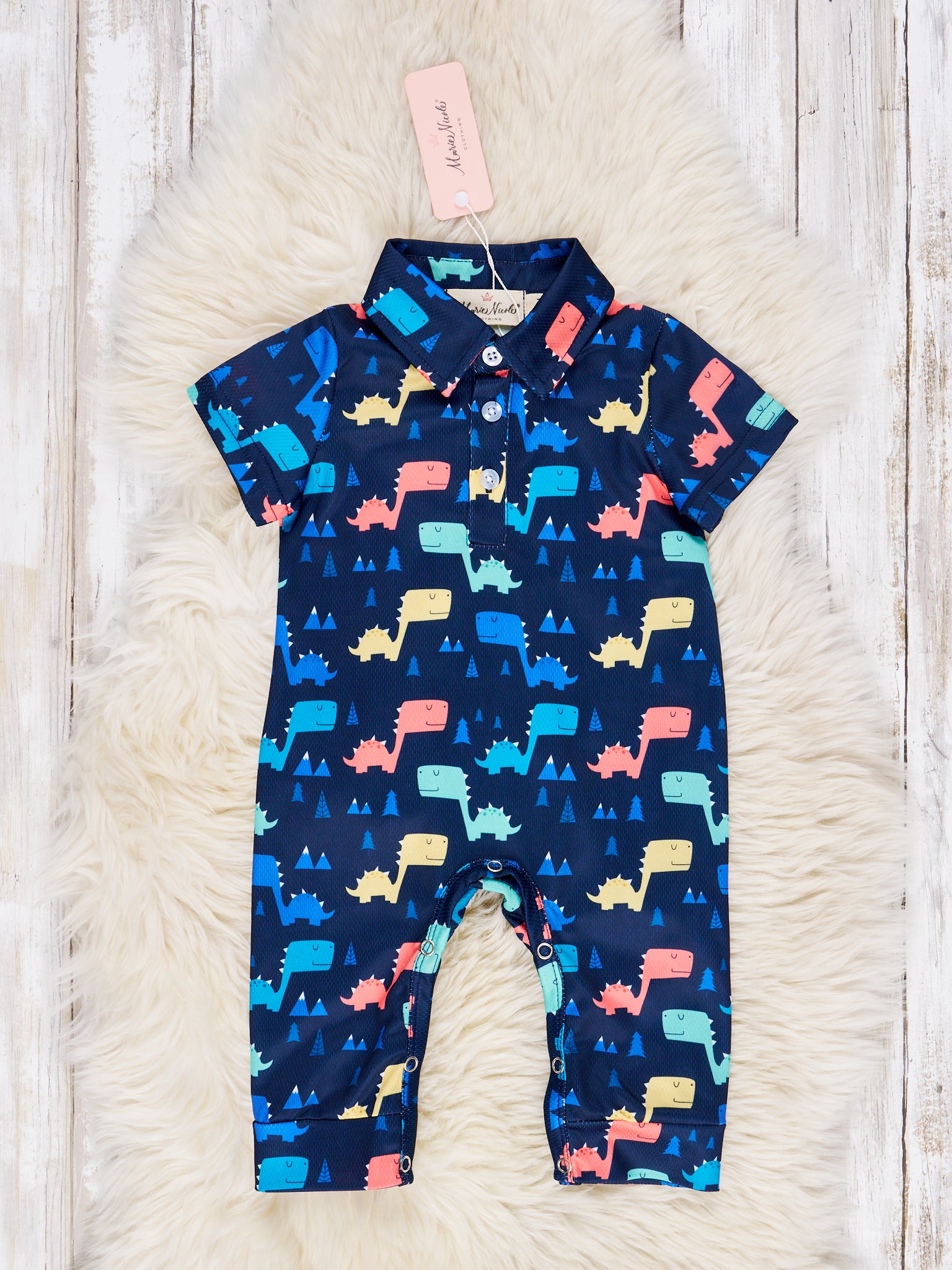 Dark Blue Dino Polo Romper - Marie Nicole Clothing