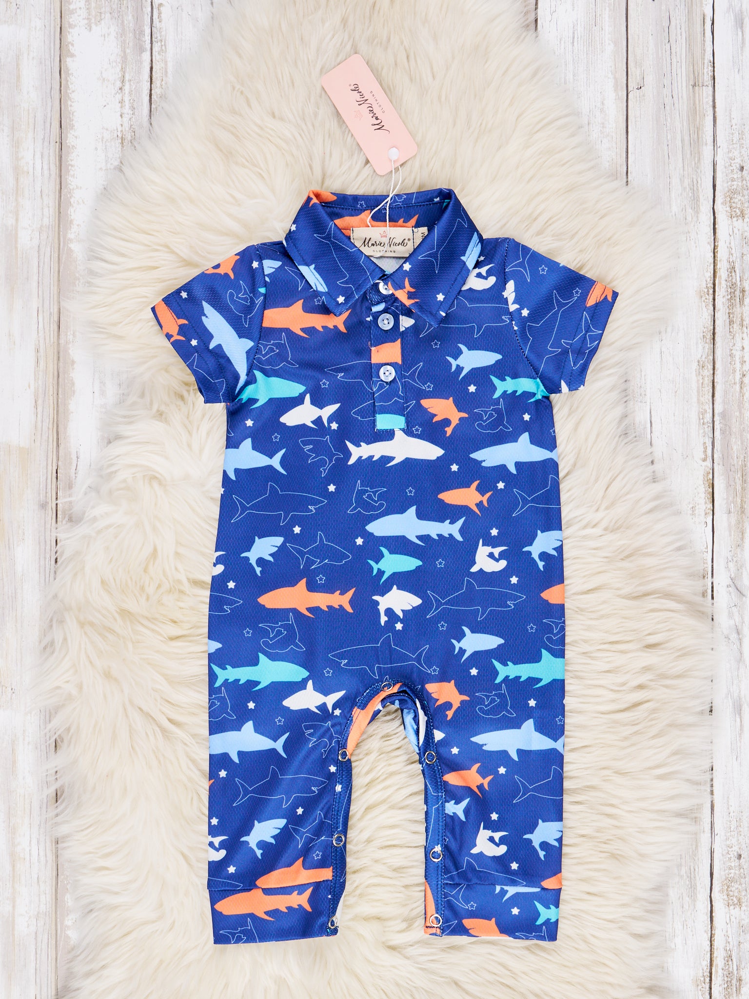 Deep Blue Shark Polo Romper - Marie Nicole Clothing
