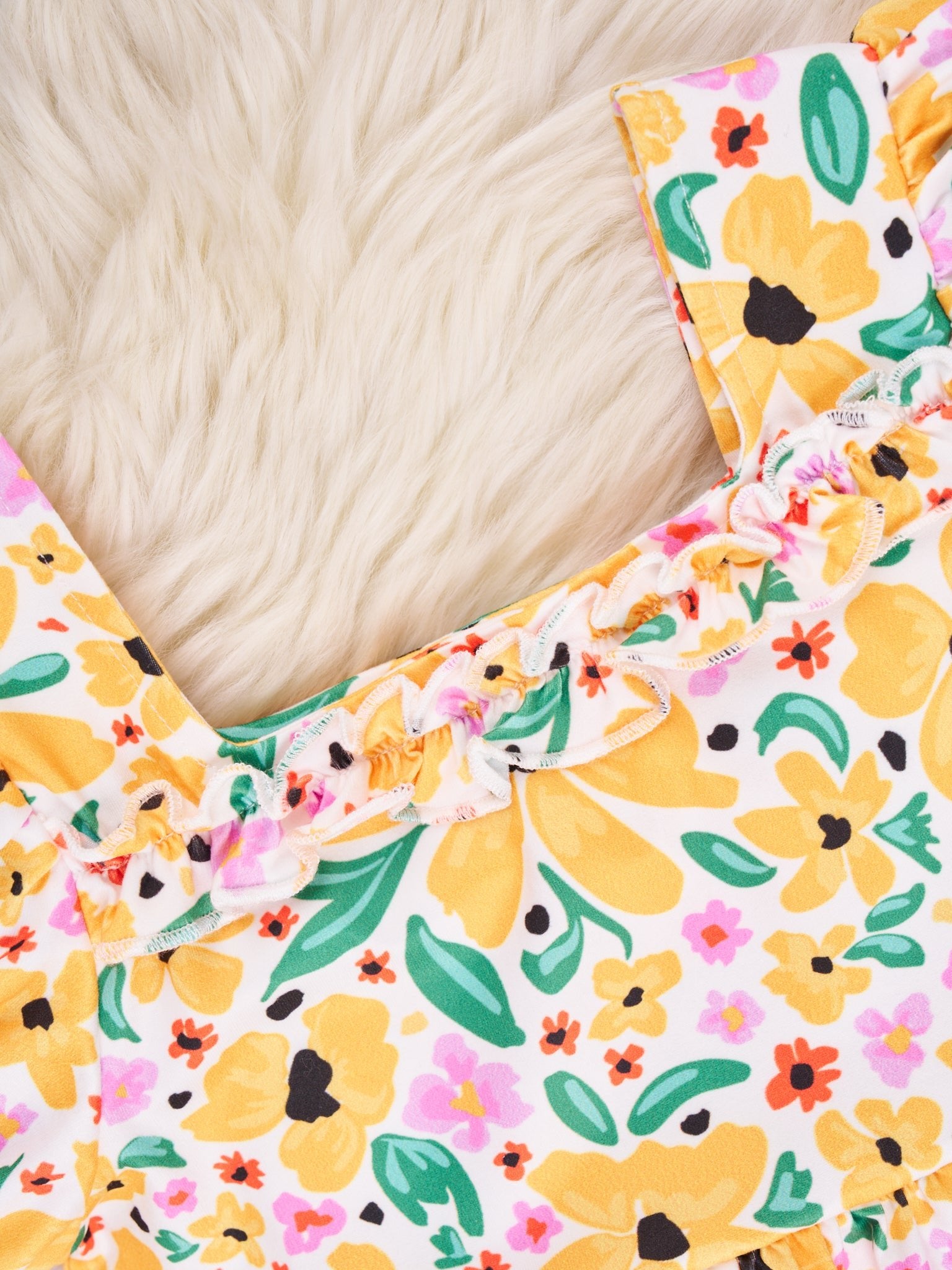 Mustard Floral Puff Sleeve Dress - Marie Nicole Clothing