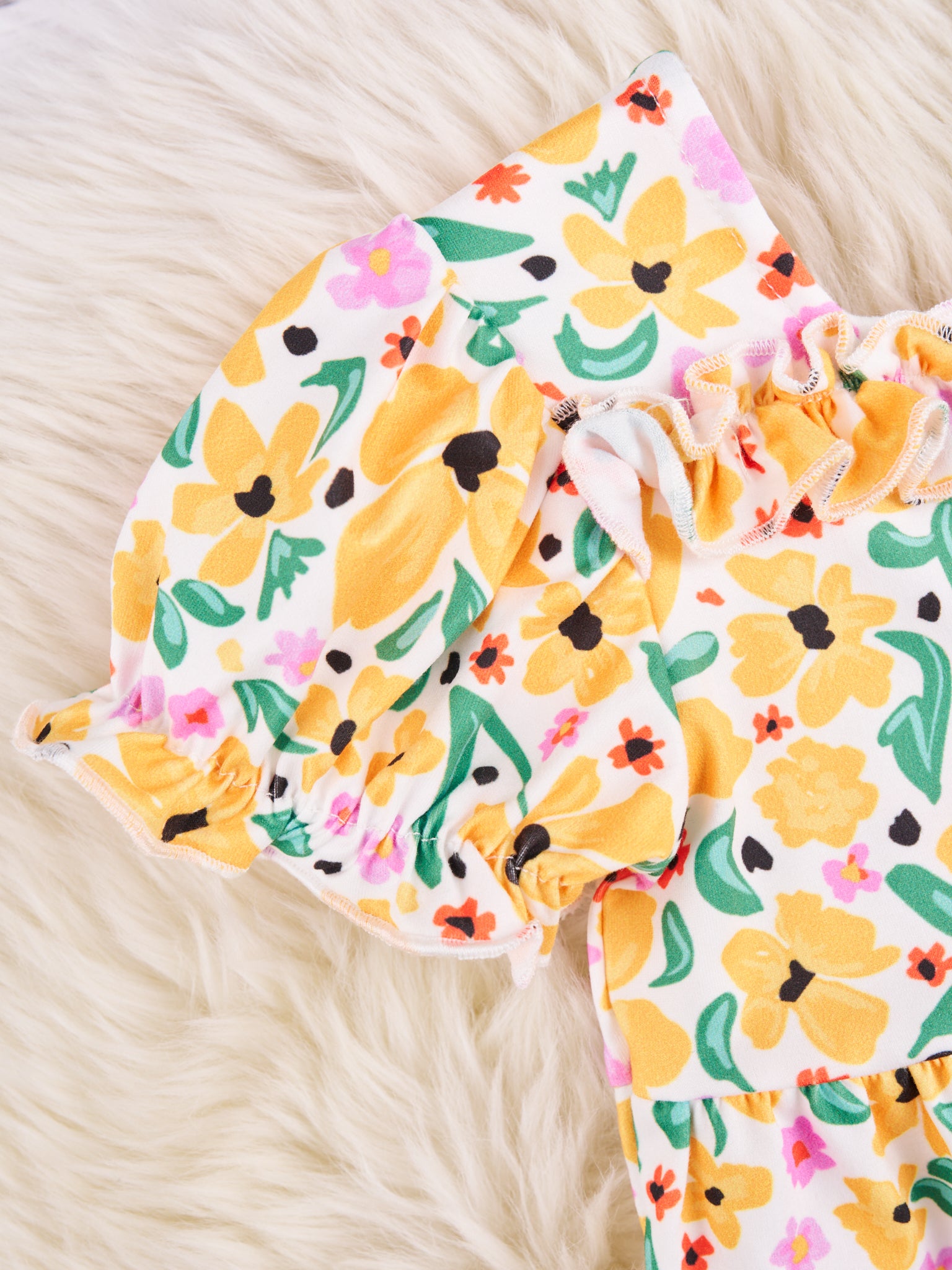 Mustard Floral Puff Sleeve Romper - Marie Nicole Clothing