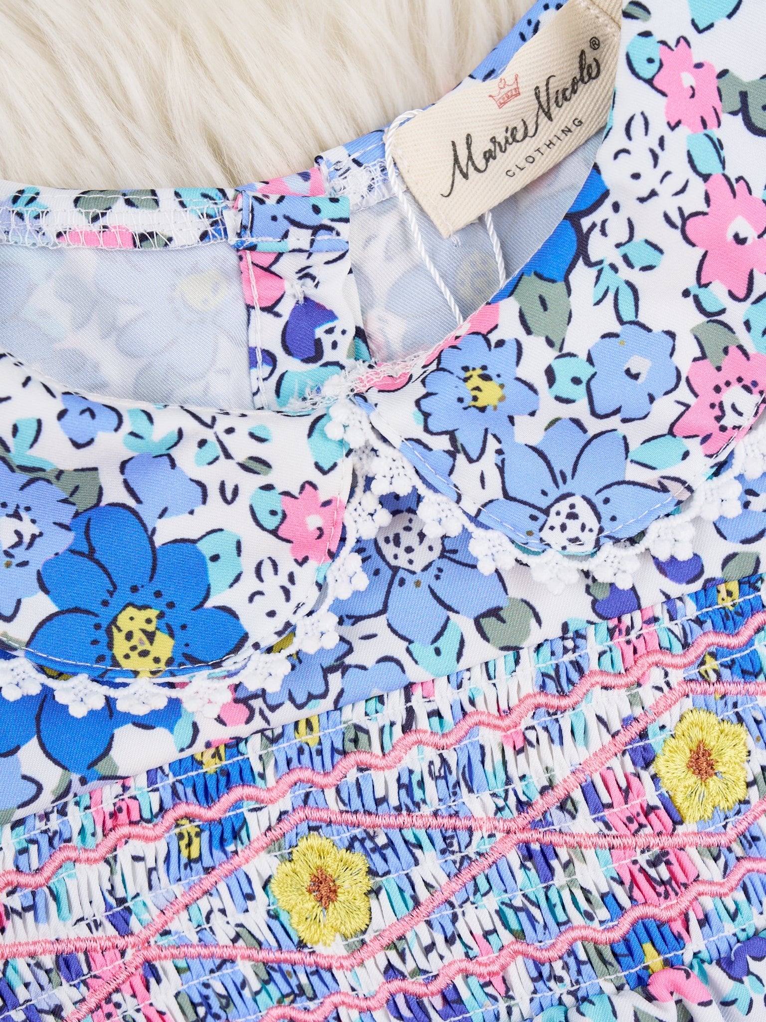 Smocked Navy Floral Vintage Dress - Marie Nicole Clothing