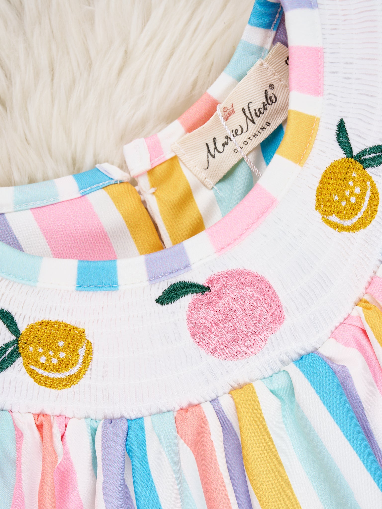 Smocked Striped Citrus Ruffle Dress - Marie Nicole Clothing