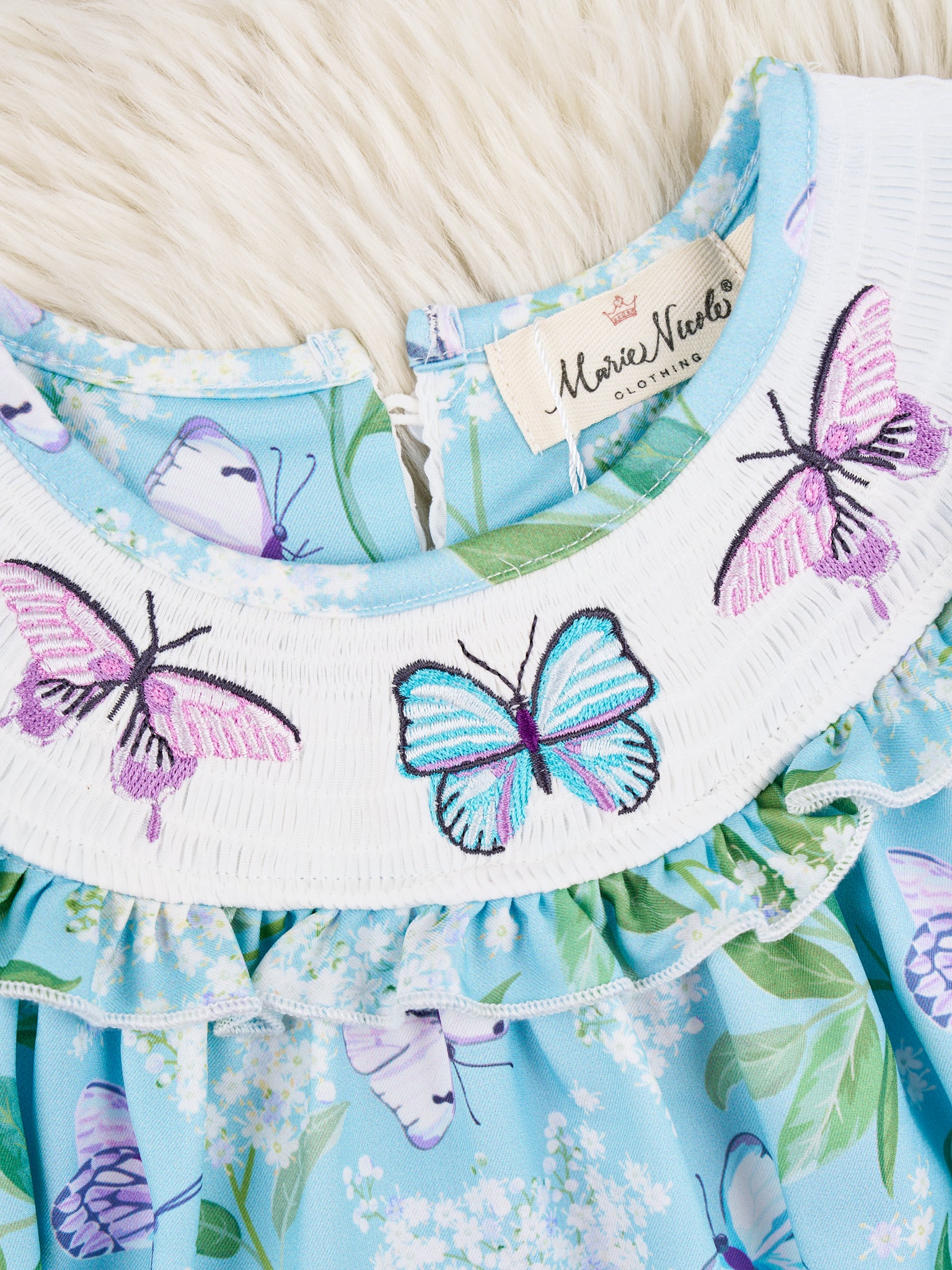 Smocked Blue Butterfly Dress - Marie Nicole Clothing