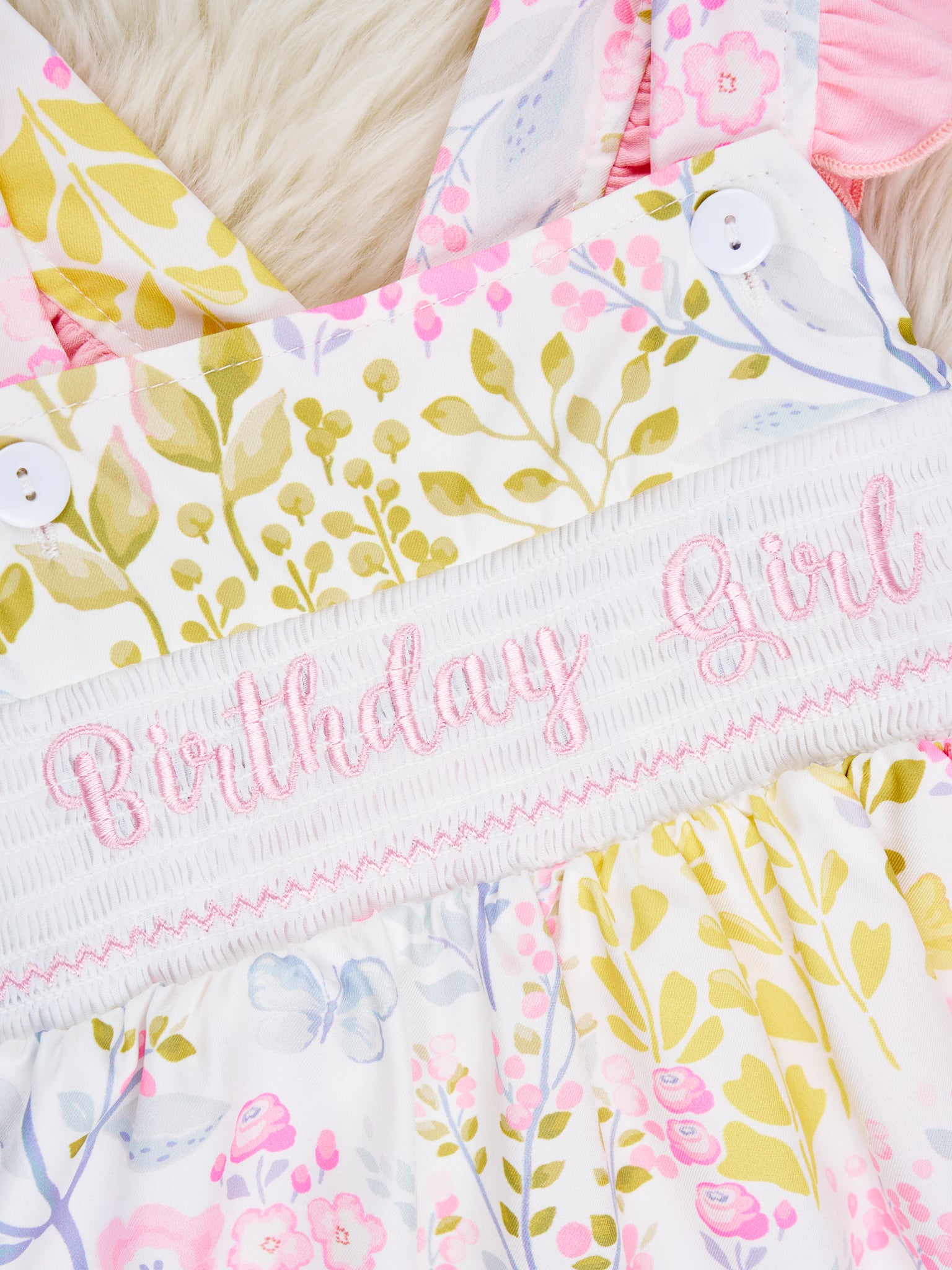 Smocked "Birthday Girl" Floral Ruffle Dress - Marie Nicole Clothing