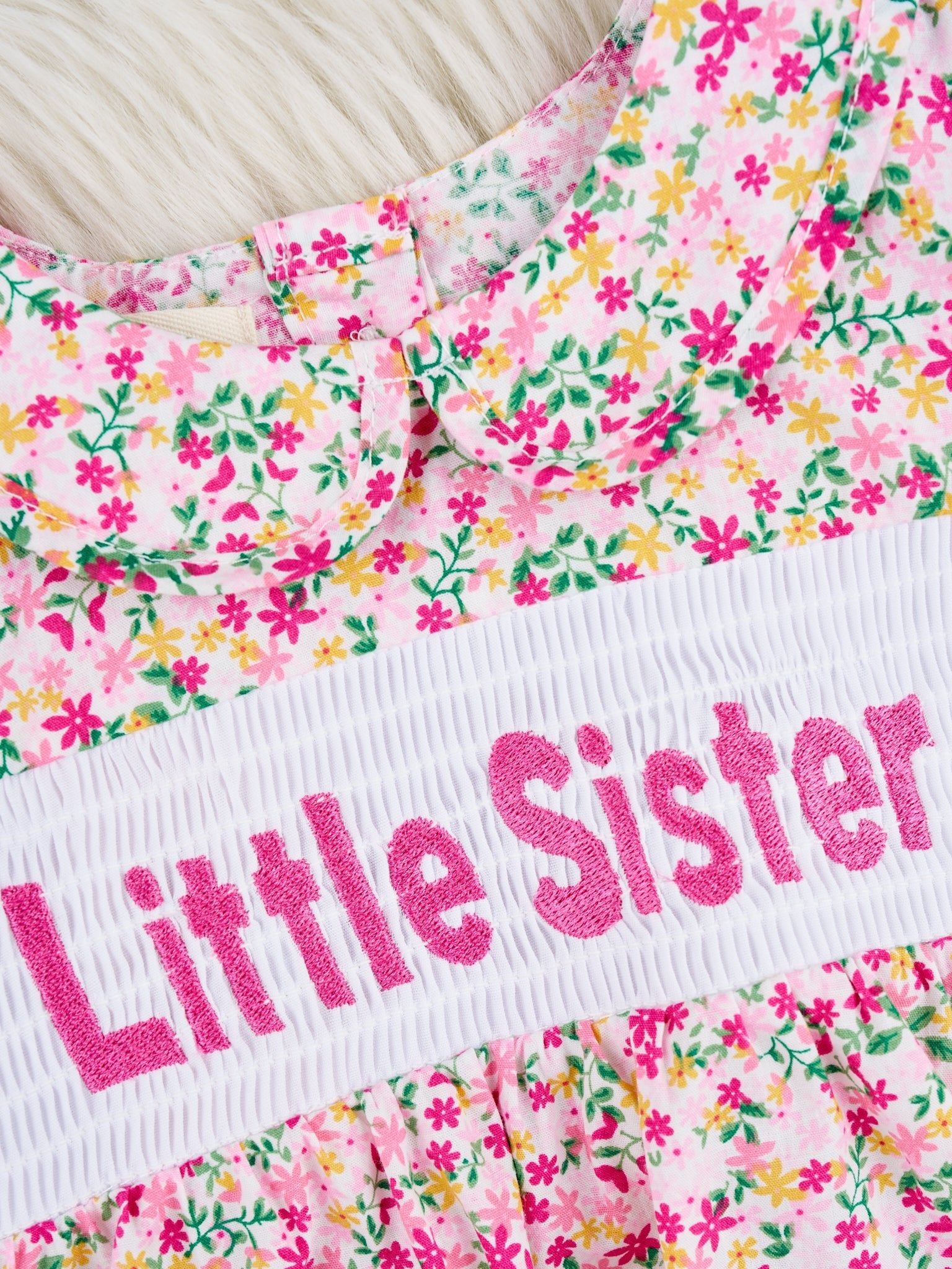 Pink Floral Smocked "Sister" Vintage Romper - Marie Nicole Clothing