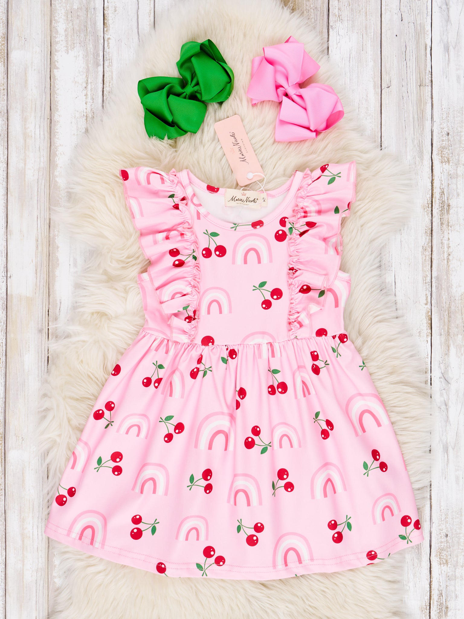 Rainbow Cherry Ruffle Dress - Marie Nicole Clothing