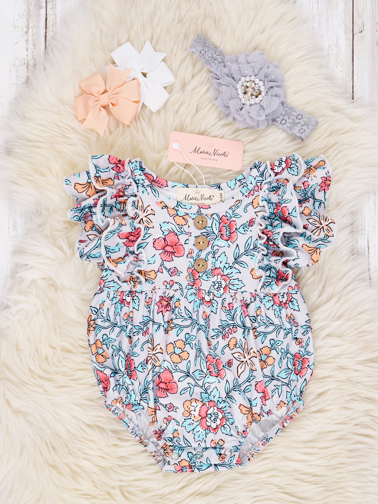 Retro Floral Ruffle Romper - Marie Nicole Clothing