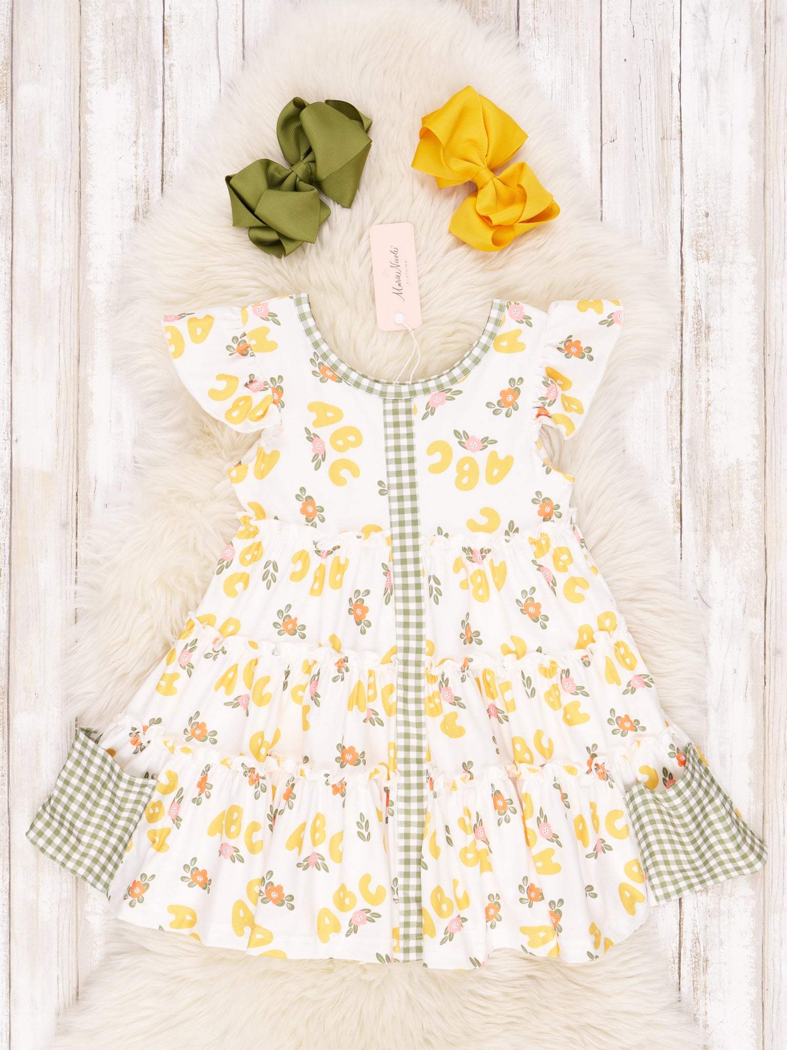 Gingham Yellow ABC Ruffle Dress - Marie Nicole Clothing