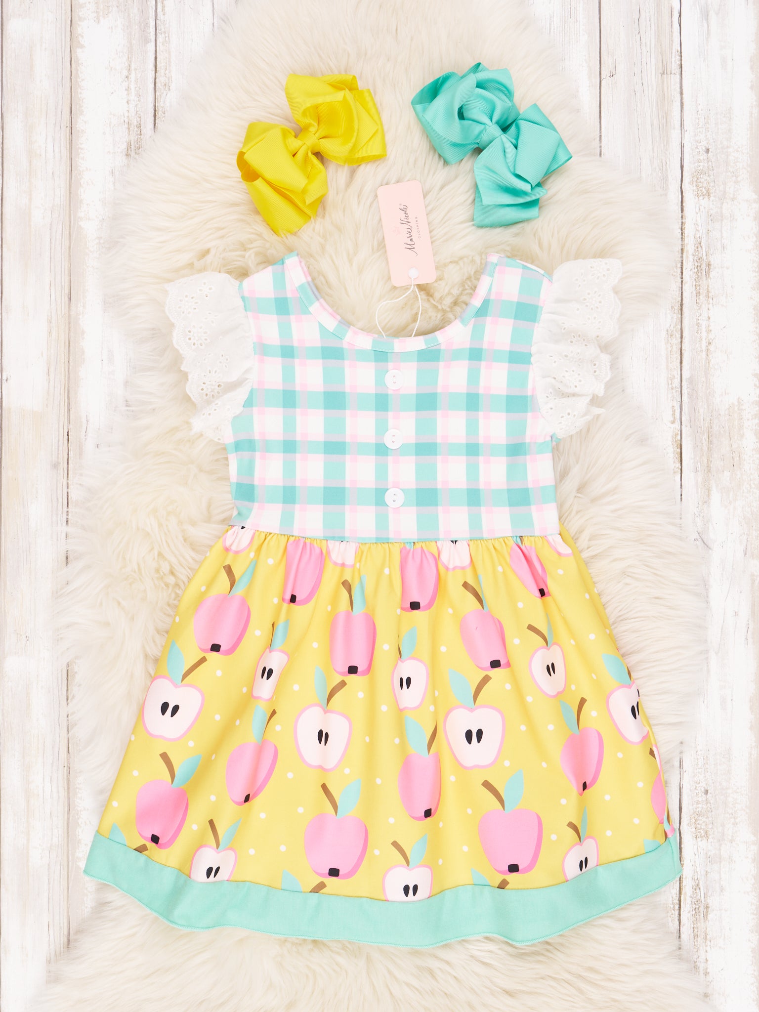 Plaid Apple Lace Ruffle Dress - Marie Nicole Clothing