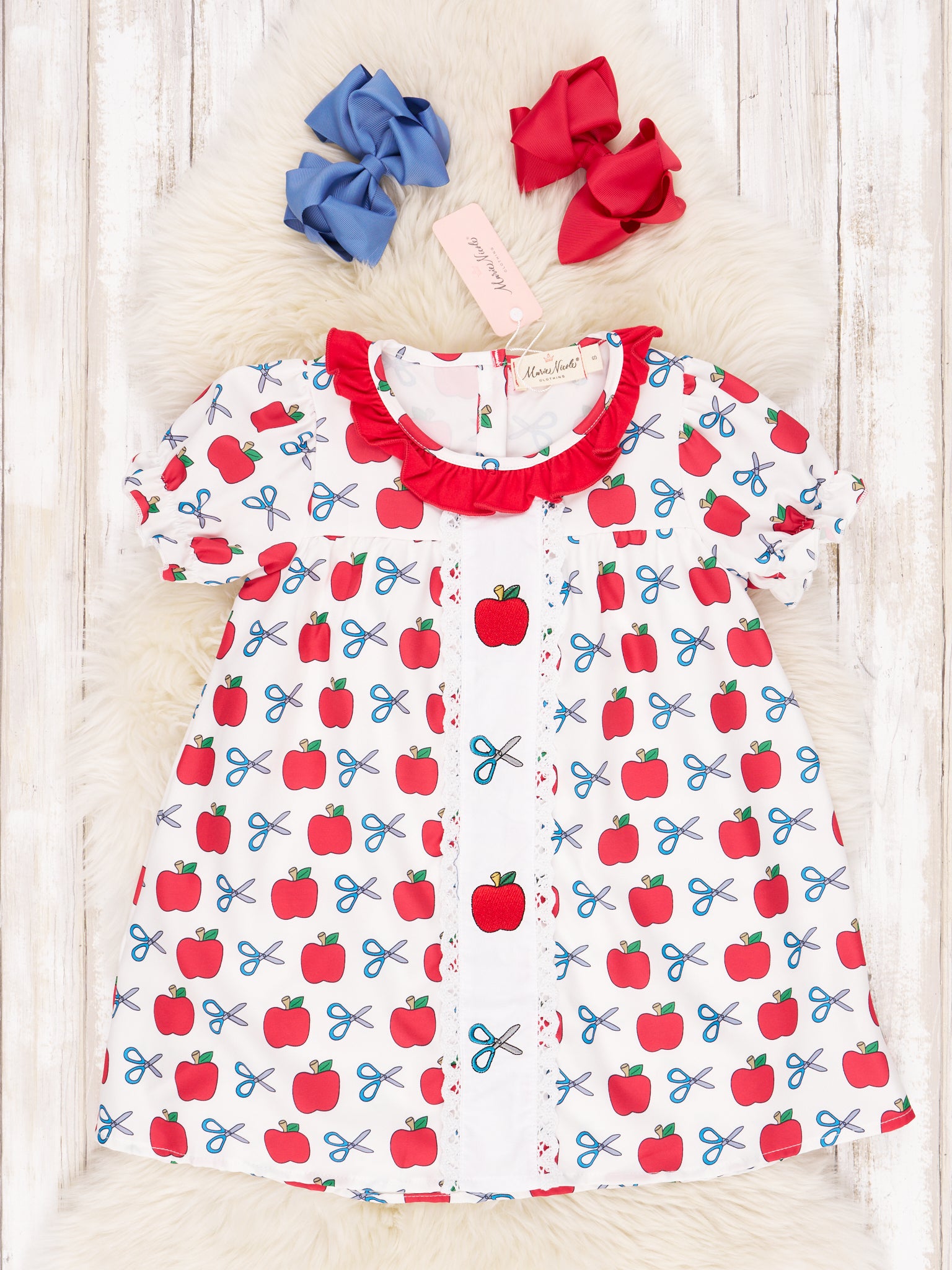 Scissors & Apple Ruffle Dress - Marie Nicole Clothing