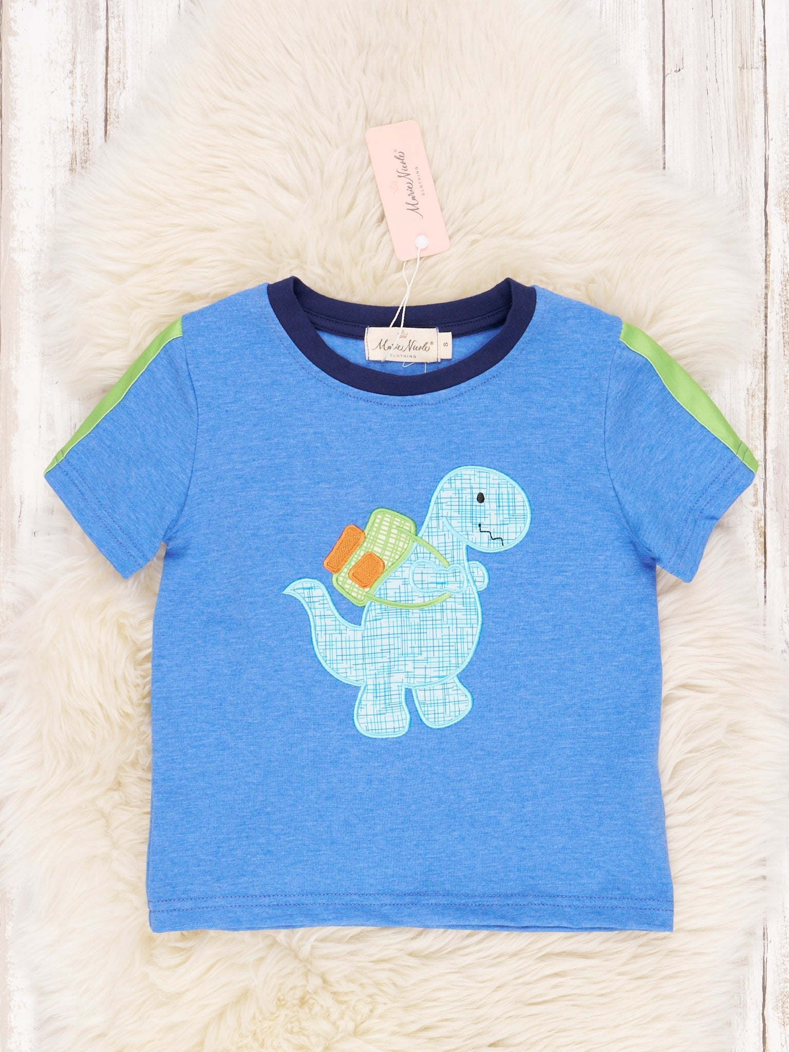 Blue Backpack Dino Shirt - Marie Nicole Clothing