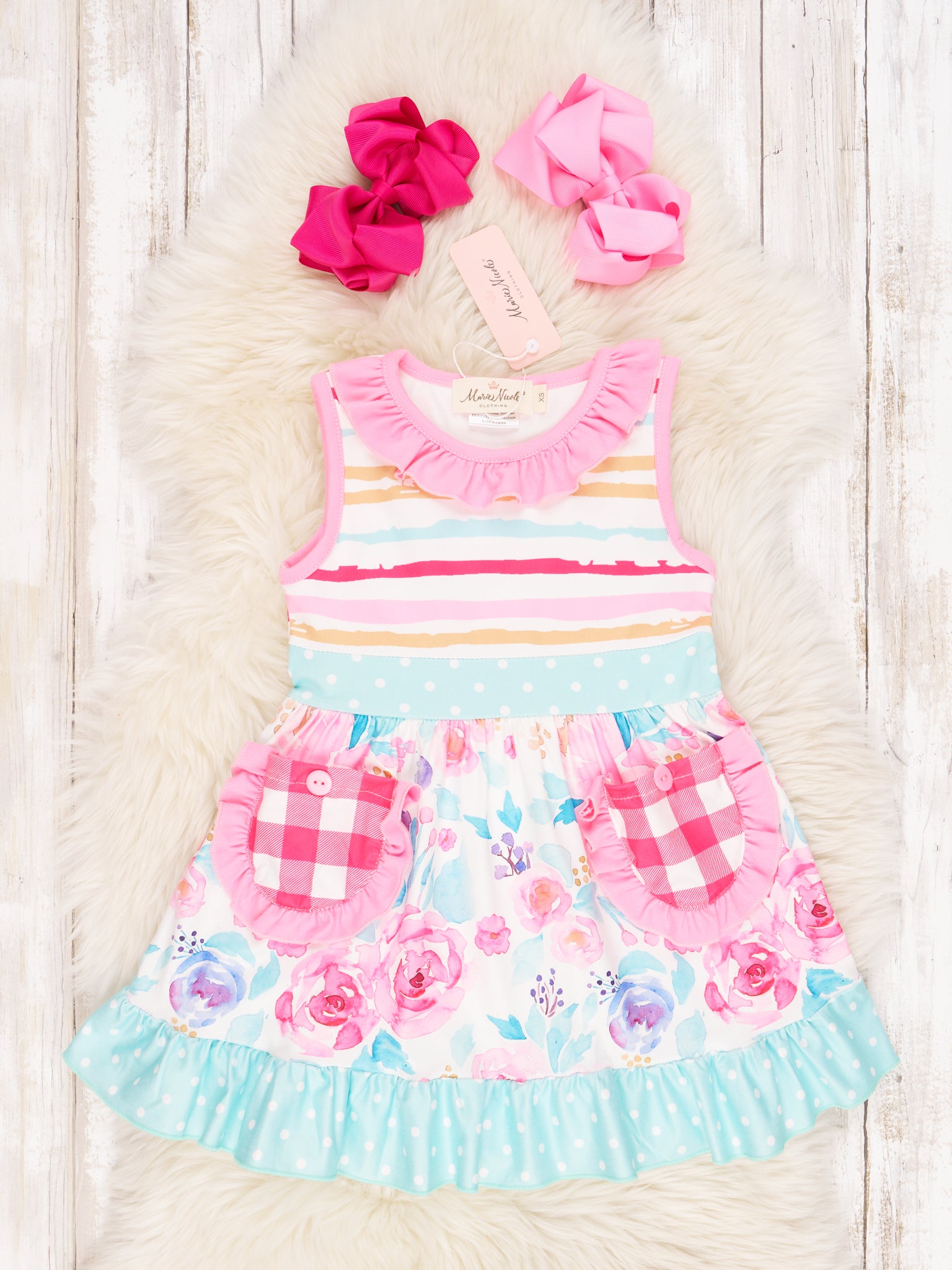 Watercolor Rose Pocket Tank Ruffle Dress - Marie Nicole Clothing