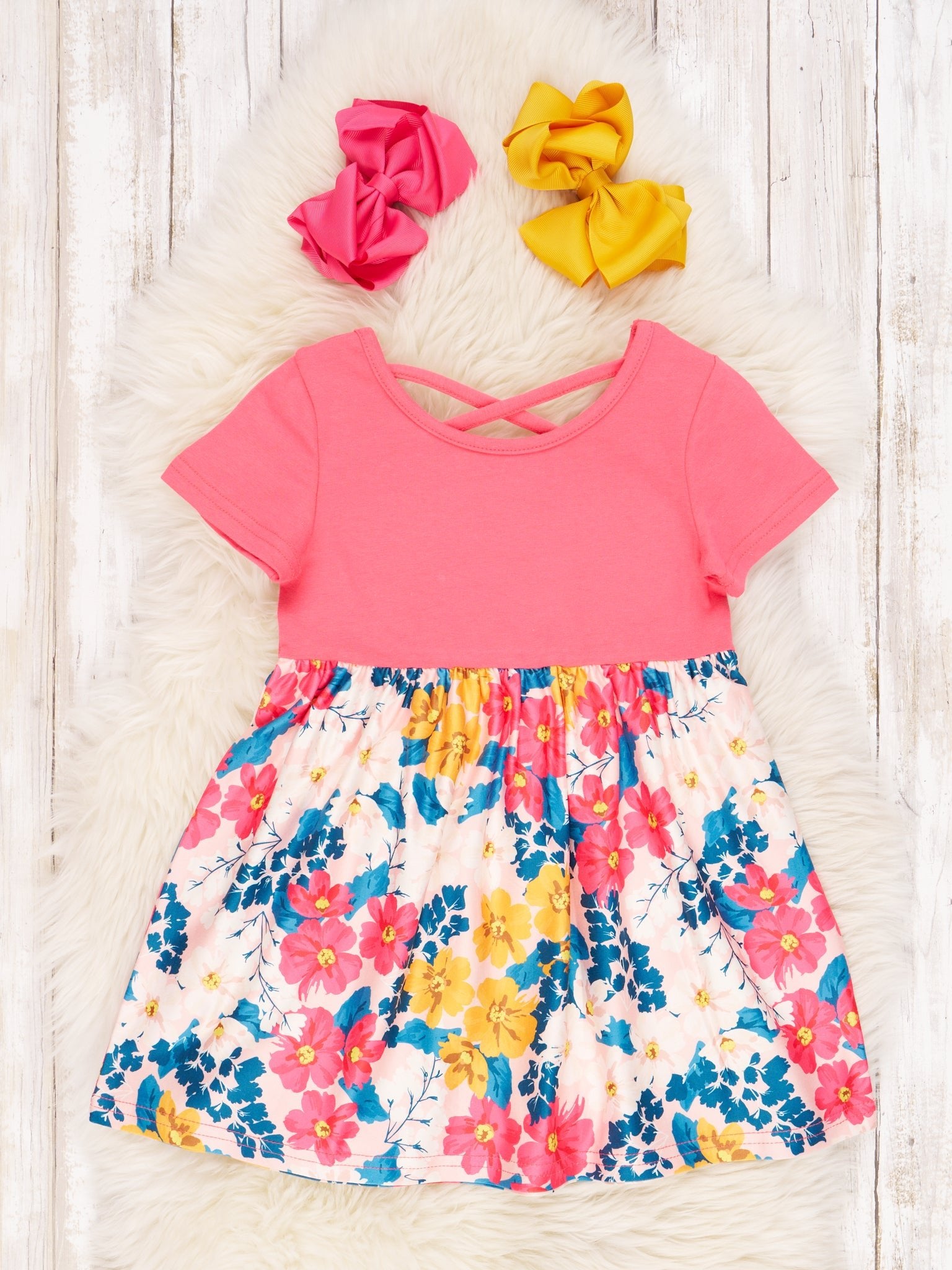 Hot Pink Floral Criss Cross Dress - Marie Nicole Clothing