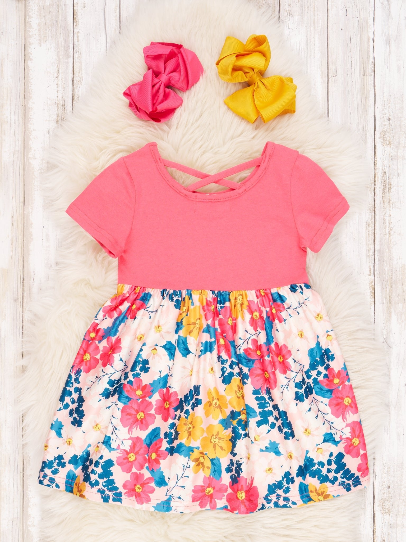 Hot Pink Floral Criss Cross Dress - Marie Nicole Clothing