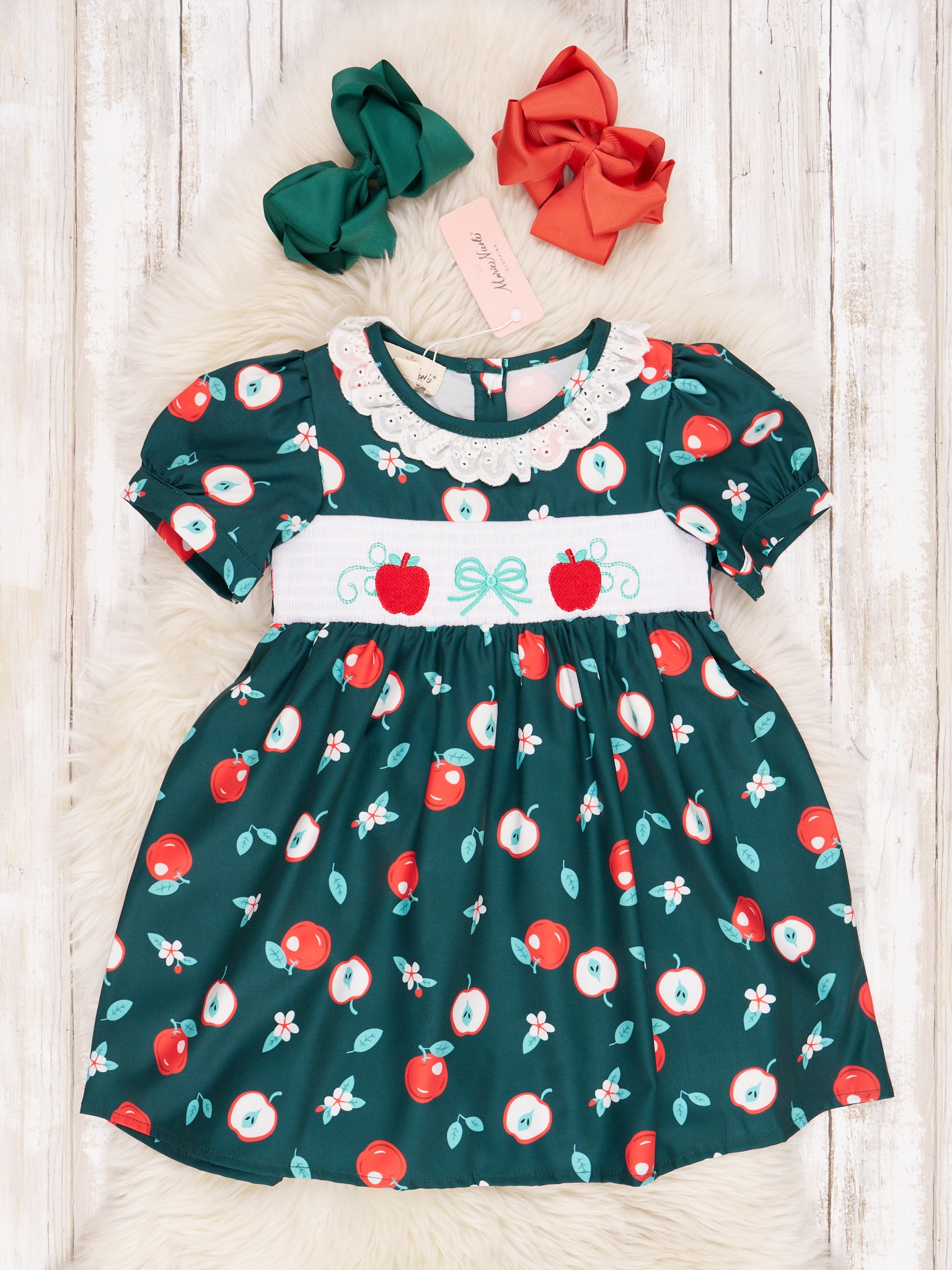 Smocked Elegant Apple Ruffle Dress - Marie Nicole Clothing