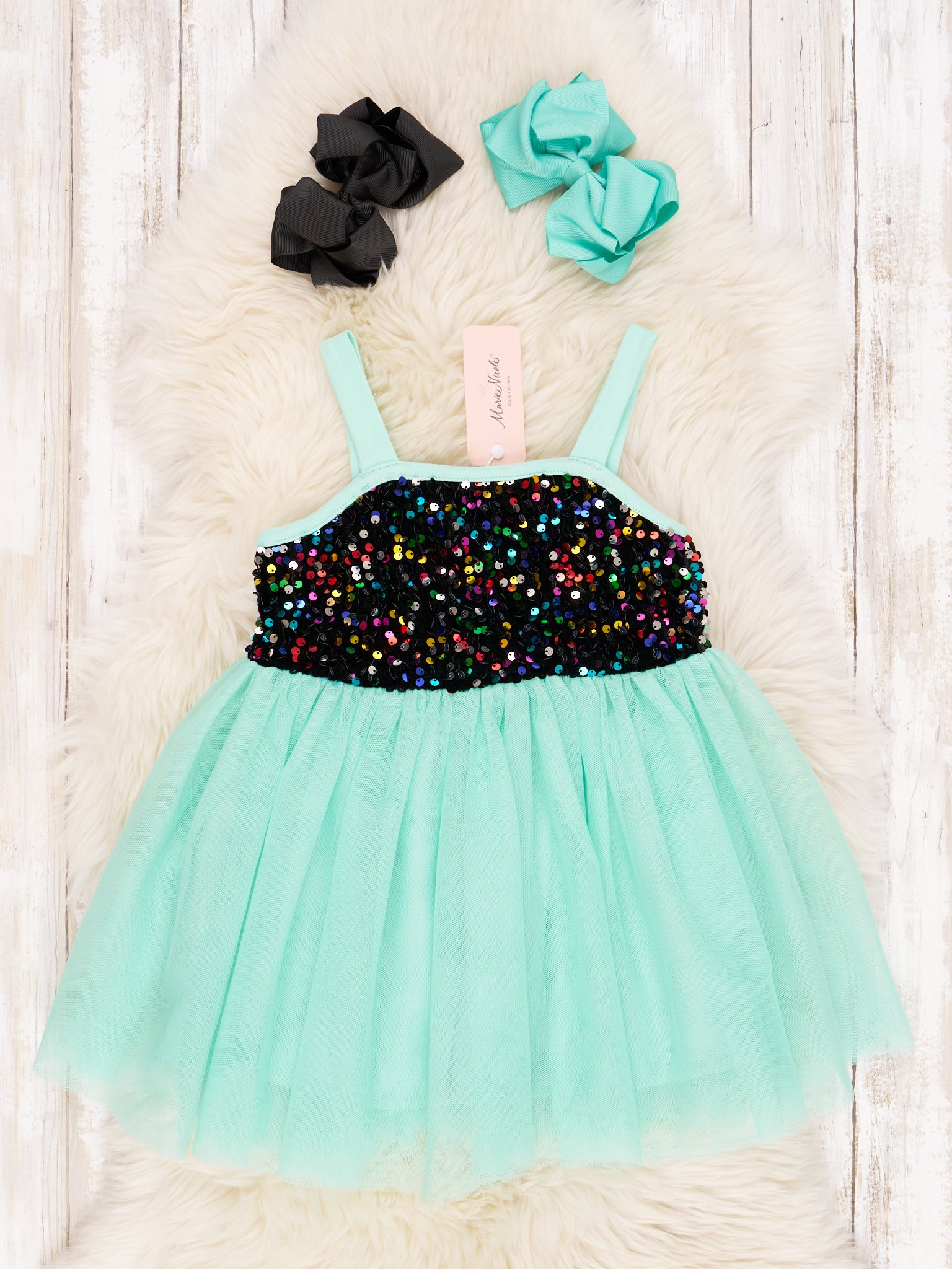 Black & Mint Sequin Tulle Tank Dress - Marie Nicole Clothing