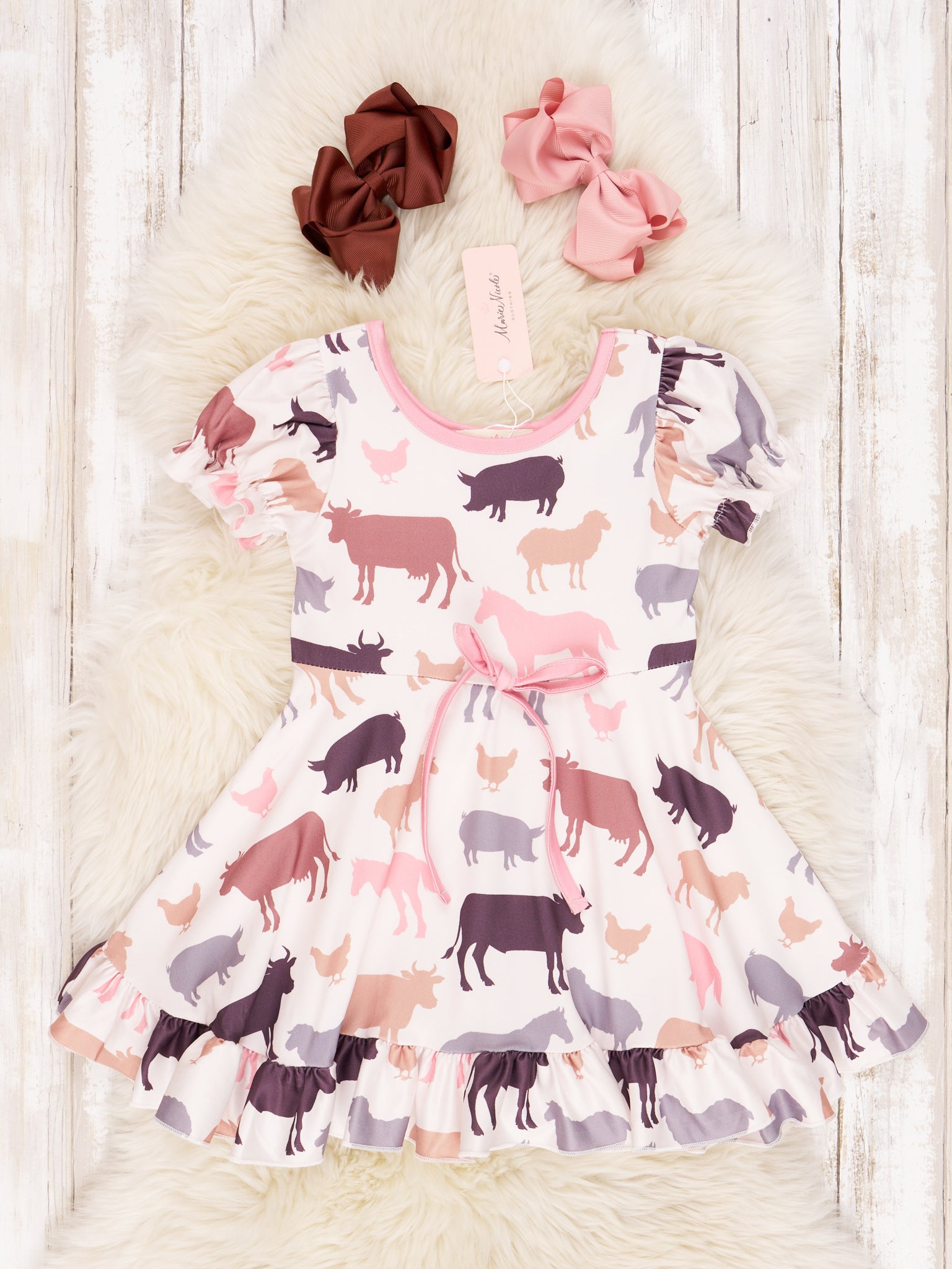 Farm Animals Ruffle Tie Dress - Marie Nicole Clothing