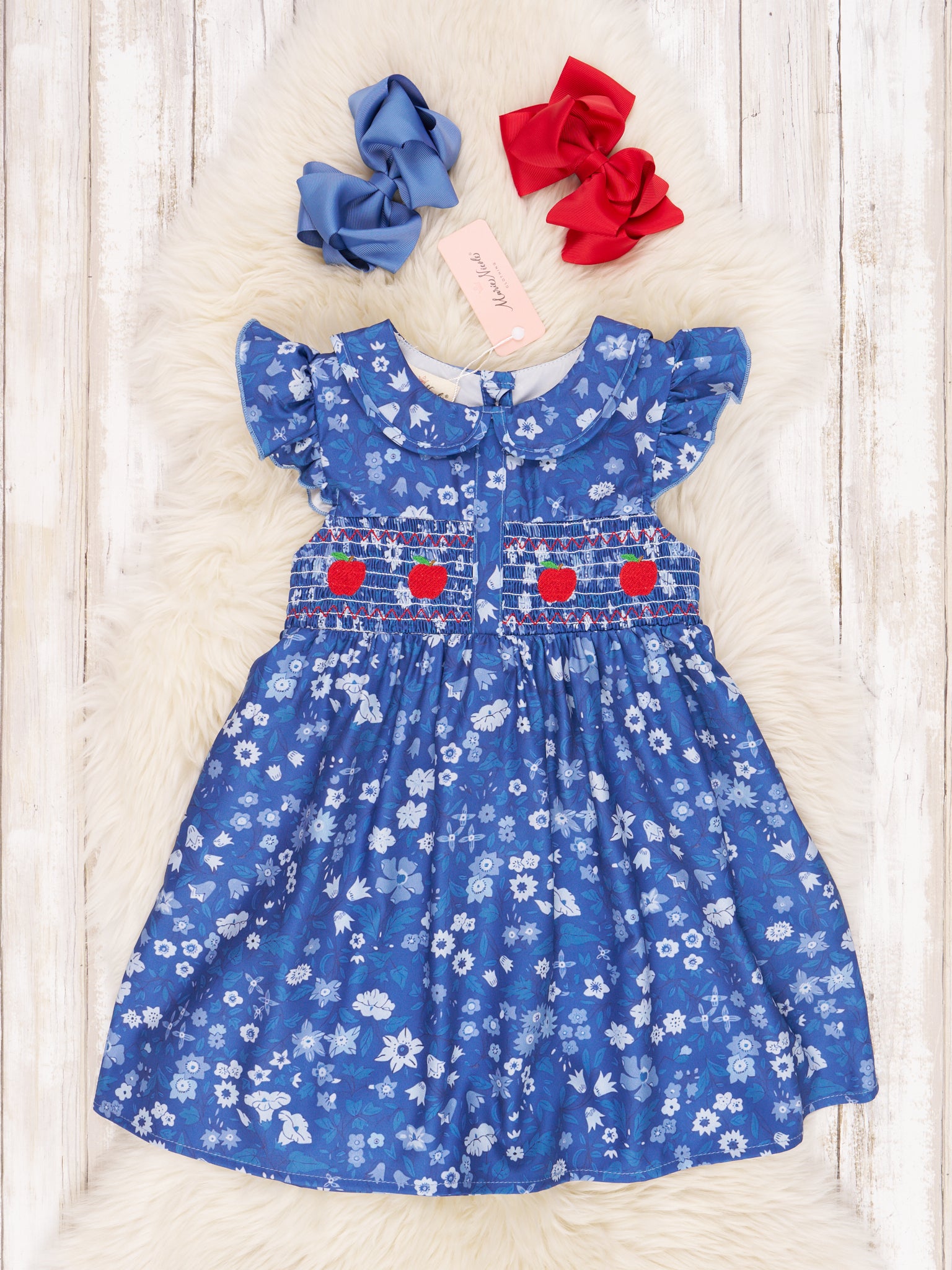 Navy Smocked Floral Apple Vintage Dress - Marie Nicole Clothing