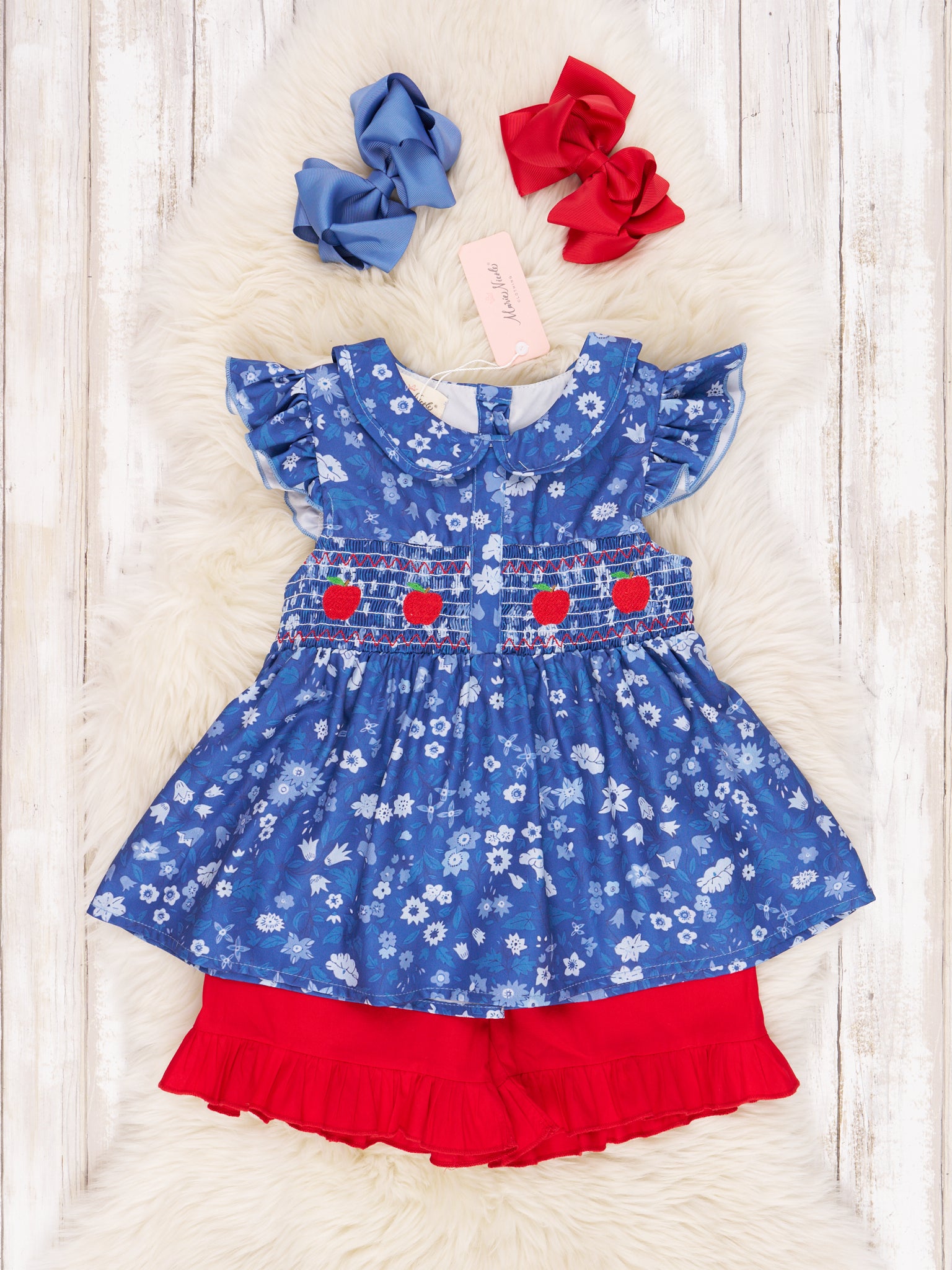 Navy Smocked Floral Apple Vintage Outfit - Marie Nicole Clothing