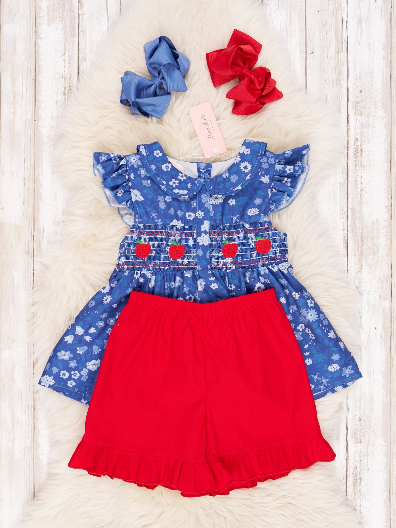 Navy Smocked Floral Apple Vintage Outfit - Marie Nicole Clothing