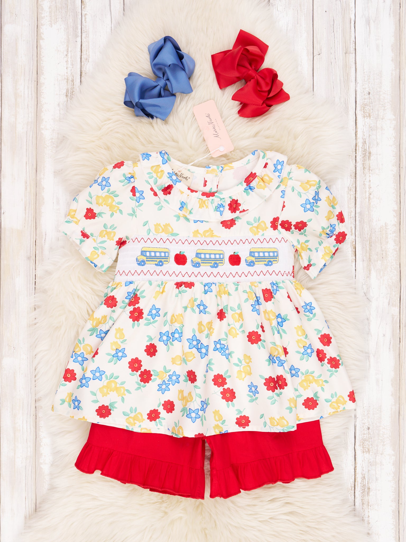 Smocked Floral School Bus Ruffle Outfit - Marie Nicole Clothing