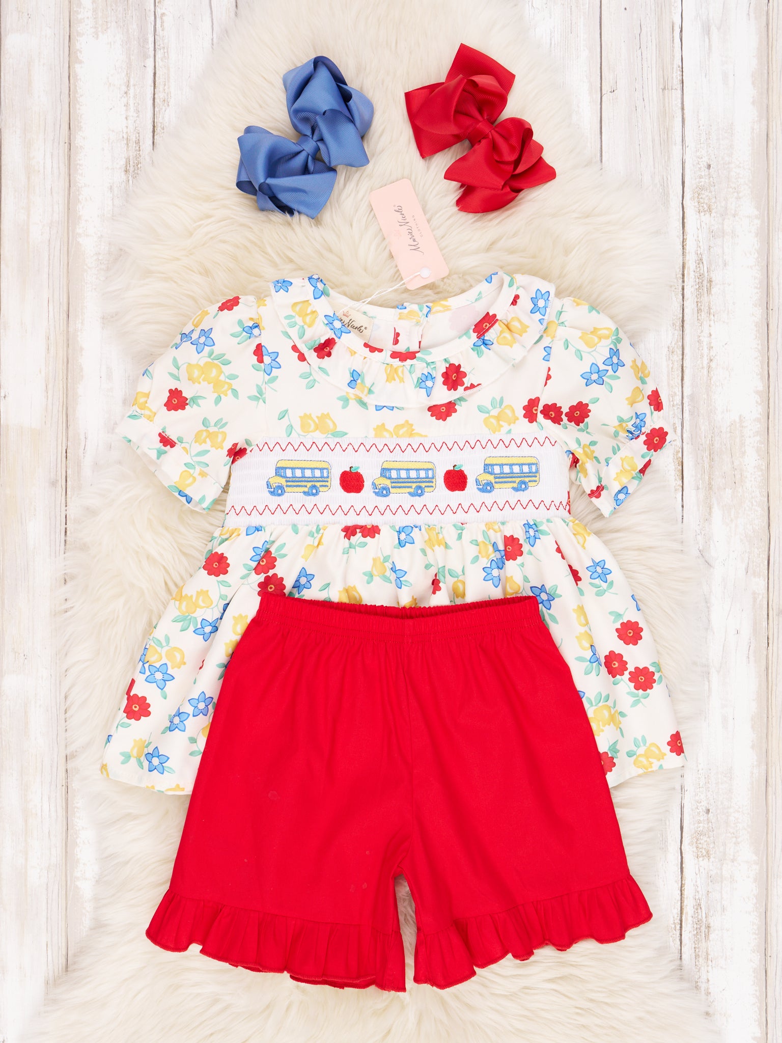 Smocked Floral School Bus Ruffle Outfit - Marie Nicole Clothing