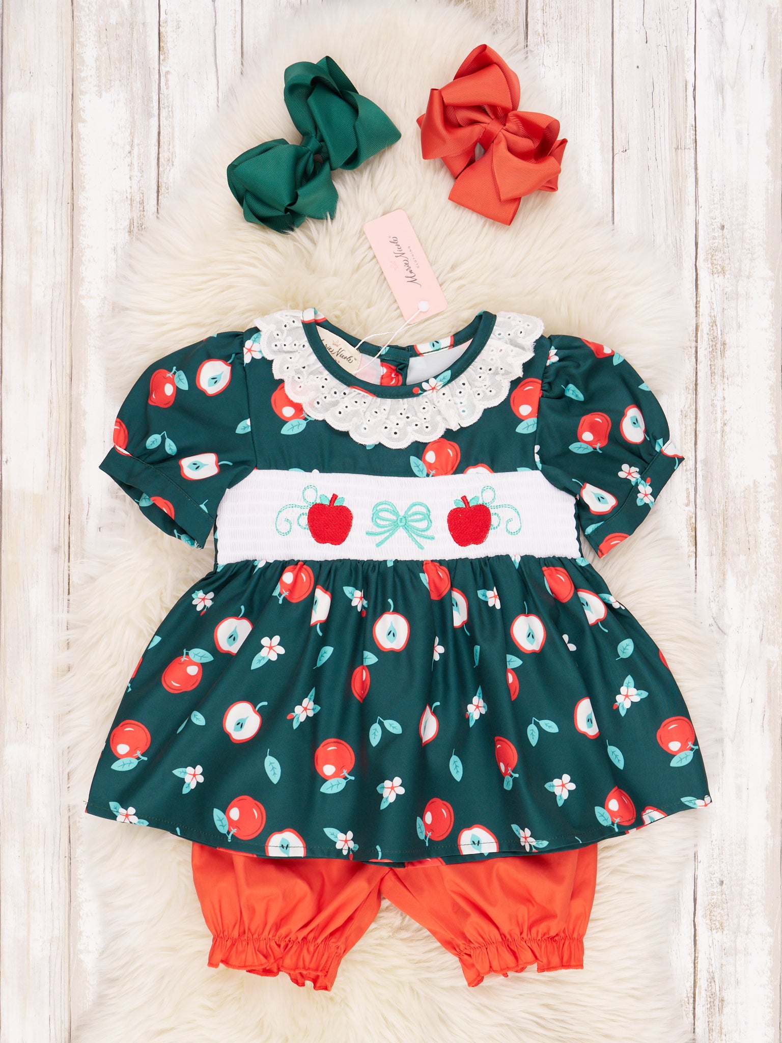 Smocked Elegant Apple Ruffle Outfit - Marie Nicole Clothing