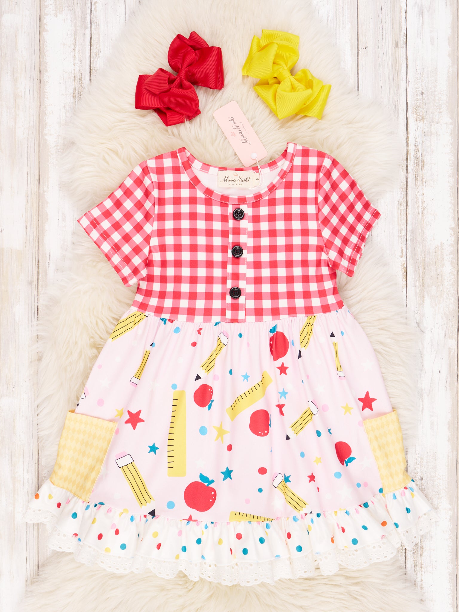 Gingham Ruler Ruffle Pocket Dress - Marie Nicole Clothing