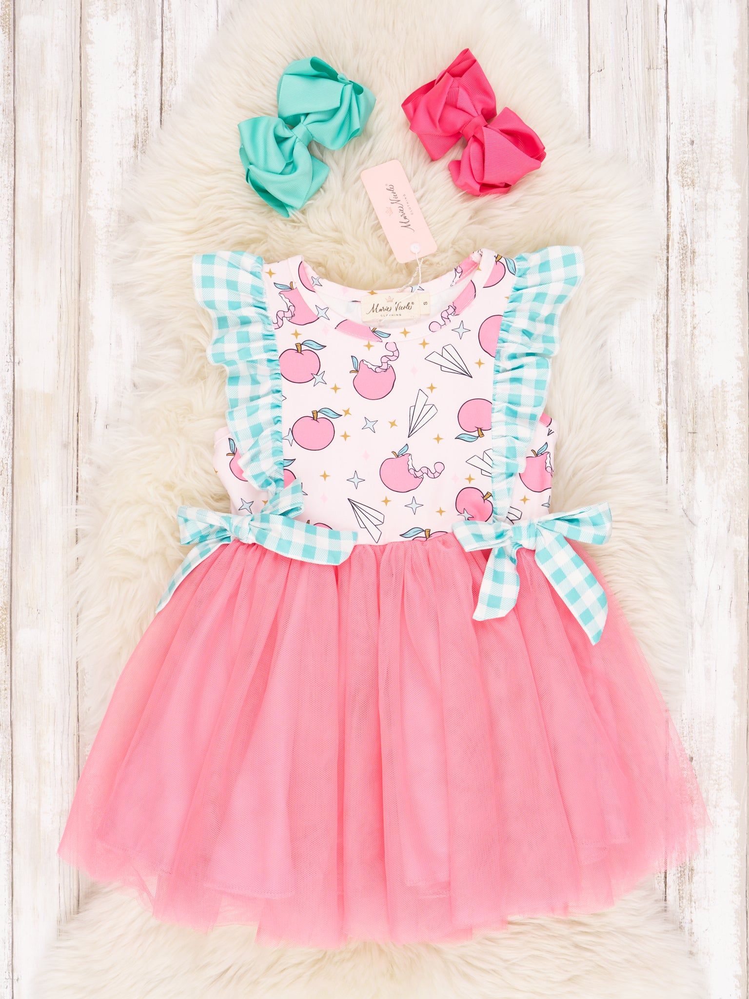 Mint Gingham Apple Tulle Ruffle Dress - Marie Nicole Clothing