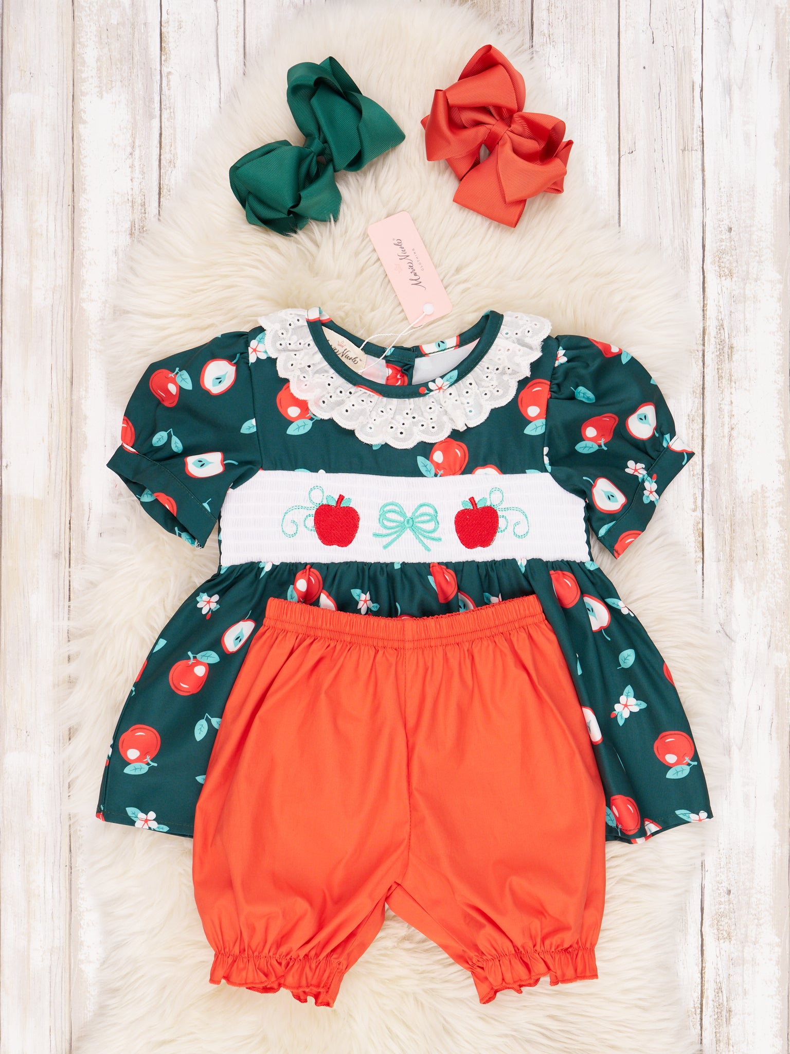 Smocked Elegant Apple Ruffle Outfit - Marie Nicole Clothing