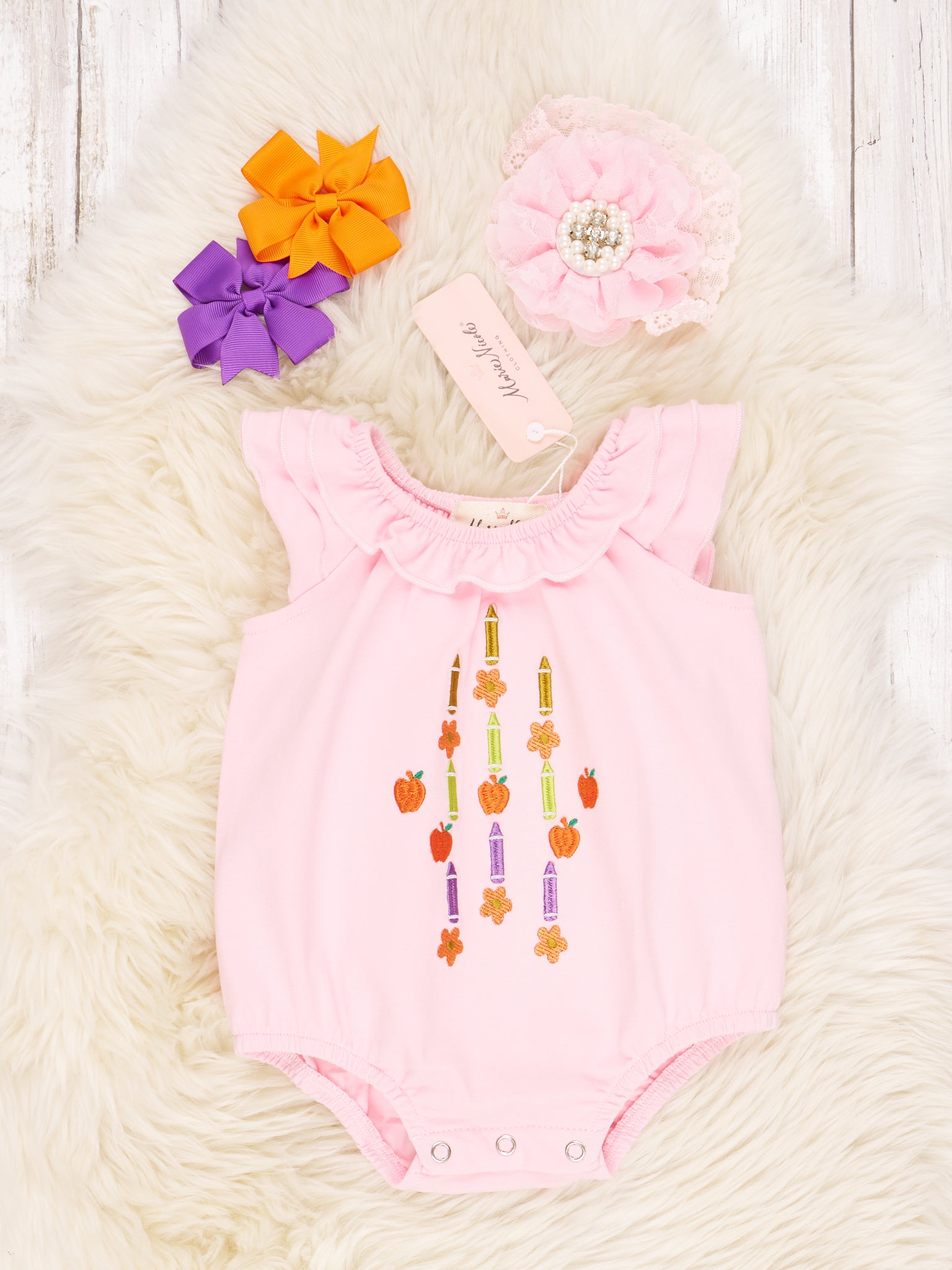Pink Crayon & Apple Ruffle Romper - Marie Nicole Clothing