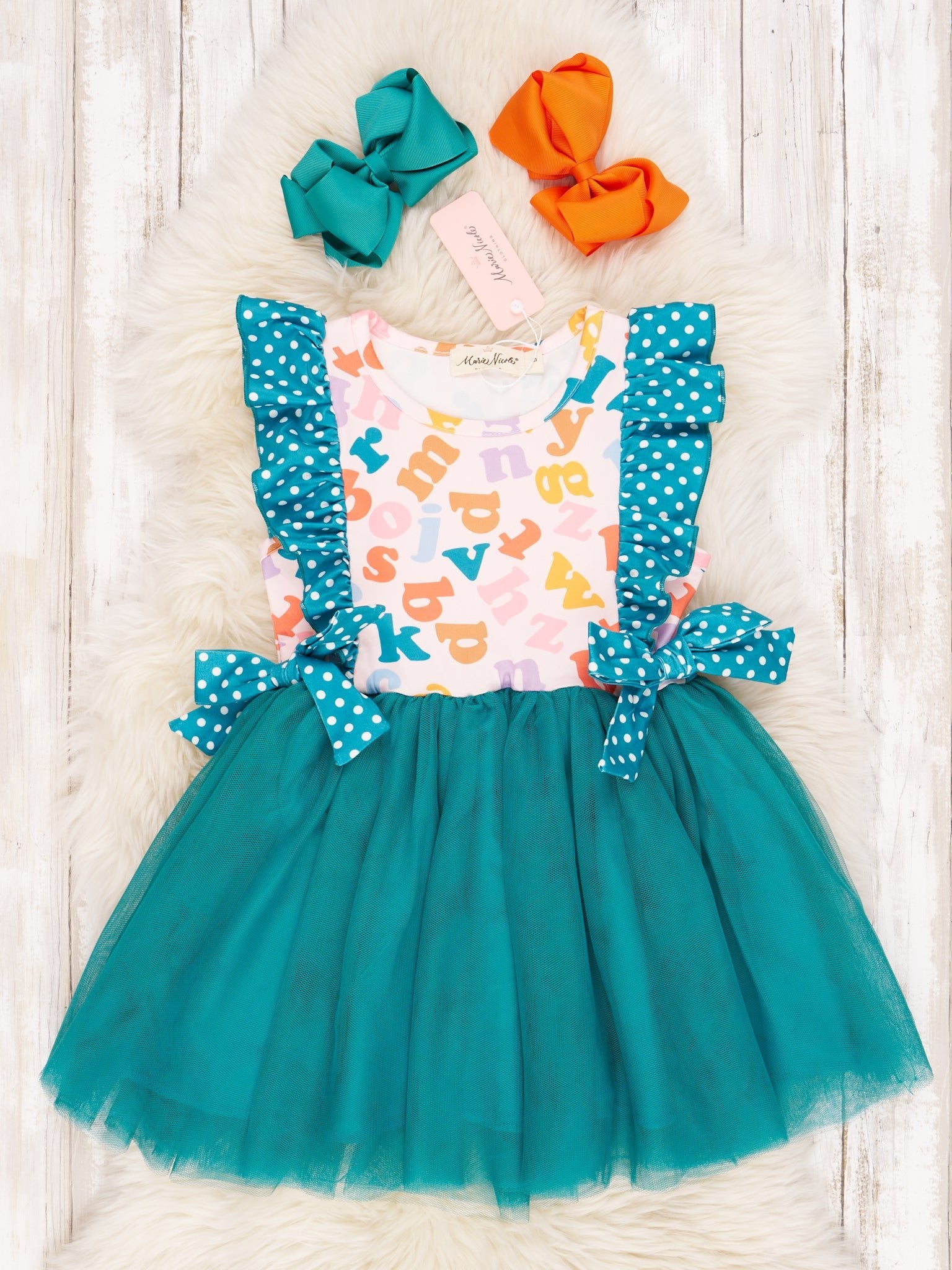 Teal Polka Dot Alphabet Tulle Ruffle Dress - Marie Nicole Clothing