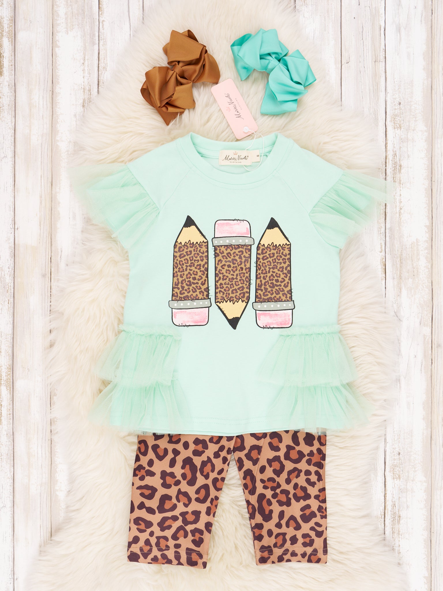 Mint Leopard Pencil Tulle Ruffle Outfit - Marie Nicole Clothing