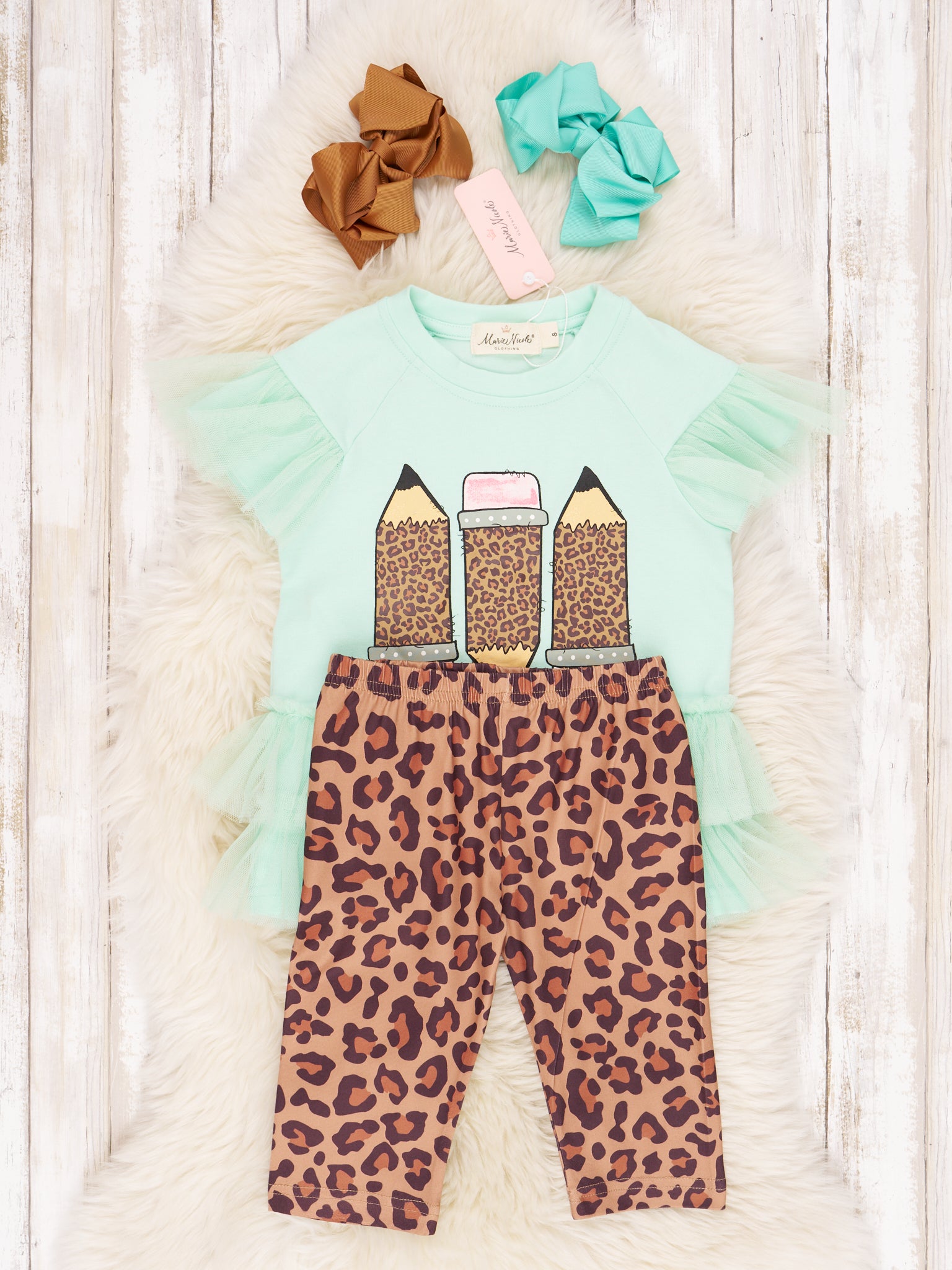 Mint Leopard Pencil Tulle Ruffle Outfit - Marie Nicole Clothing