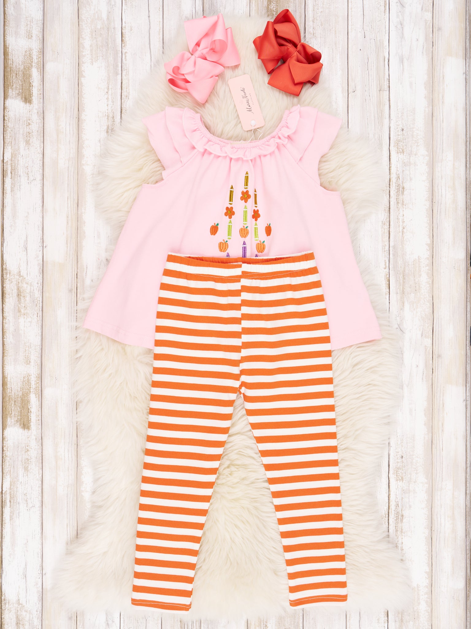 Pink Crayon & Apple Ruffle Outfit - Marie Nicole Clothing