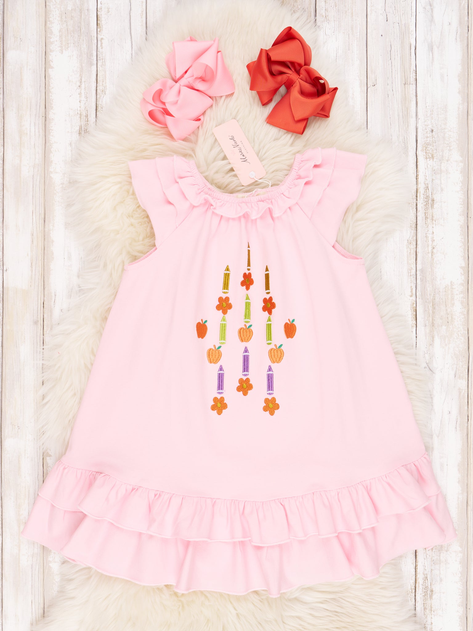 Pink Crayon & Apple Ruffle Dress - Marie Nicole Clothing