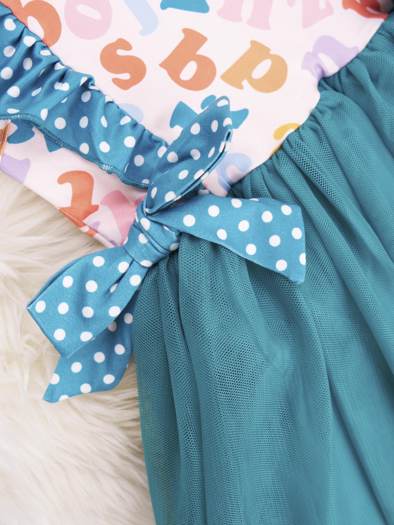 Teal Polka Dot Alphabet Tulle Ruffle Dress - Marie Nicole Clothing