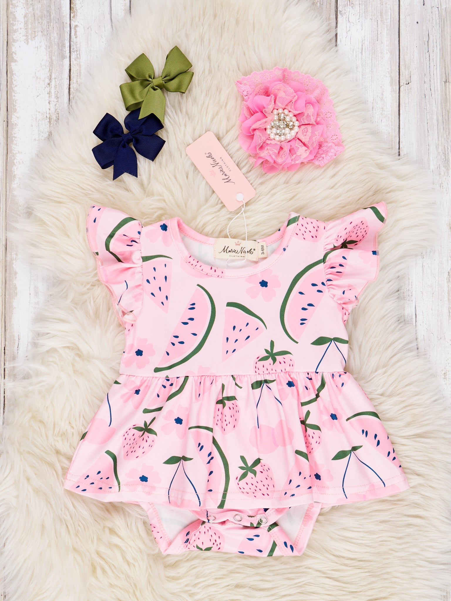 Watermelon & Strawberries Ruffle Dressy Romper - Marie Nicole Clothing