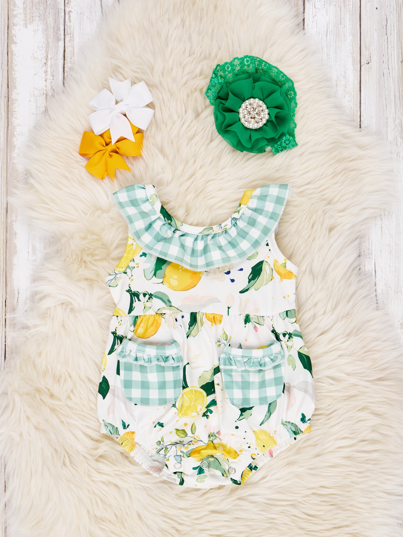 Gingham Lemon Pocket Ruffle Romper - Marie Nicole Clothing