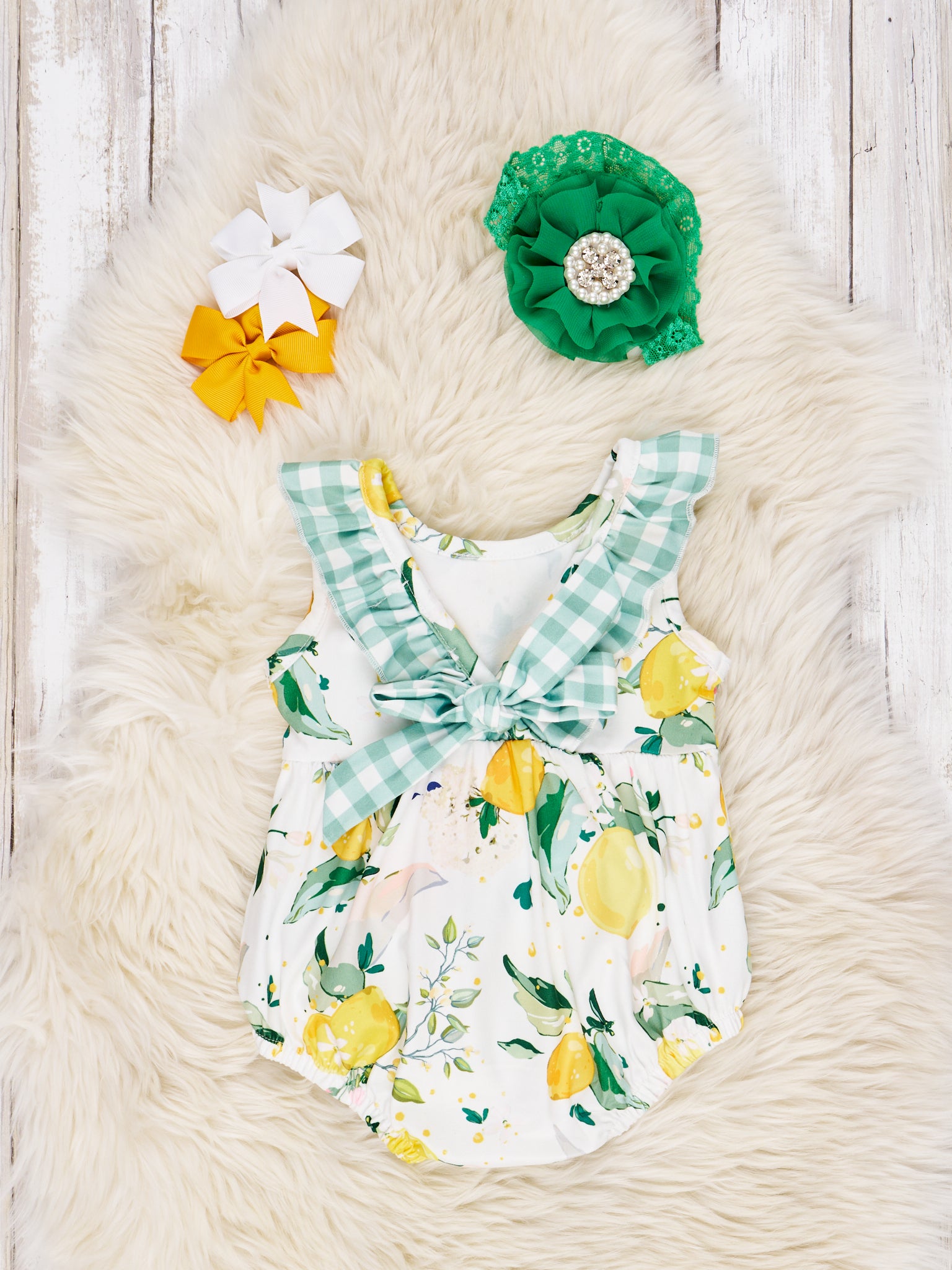 Gingham Lemon Pocket Ruffle Romper - Marie Nicole Clothing