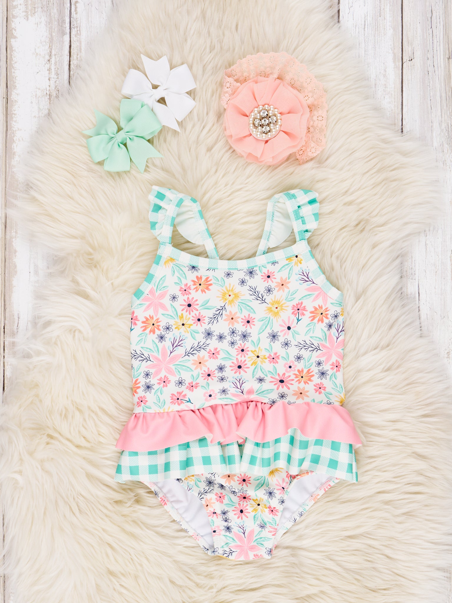 Summer Gingham Floral Ruffle One - Piece Swimsuit - Marie Nicole Clothing