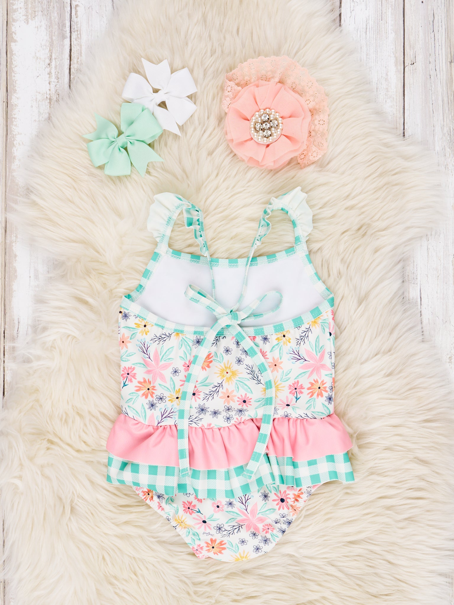 Summer Gingham Floral Ruffle One - Piece Swimsuit - Marie Nicole Clothing
