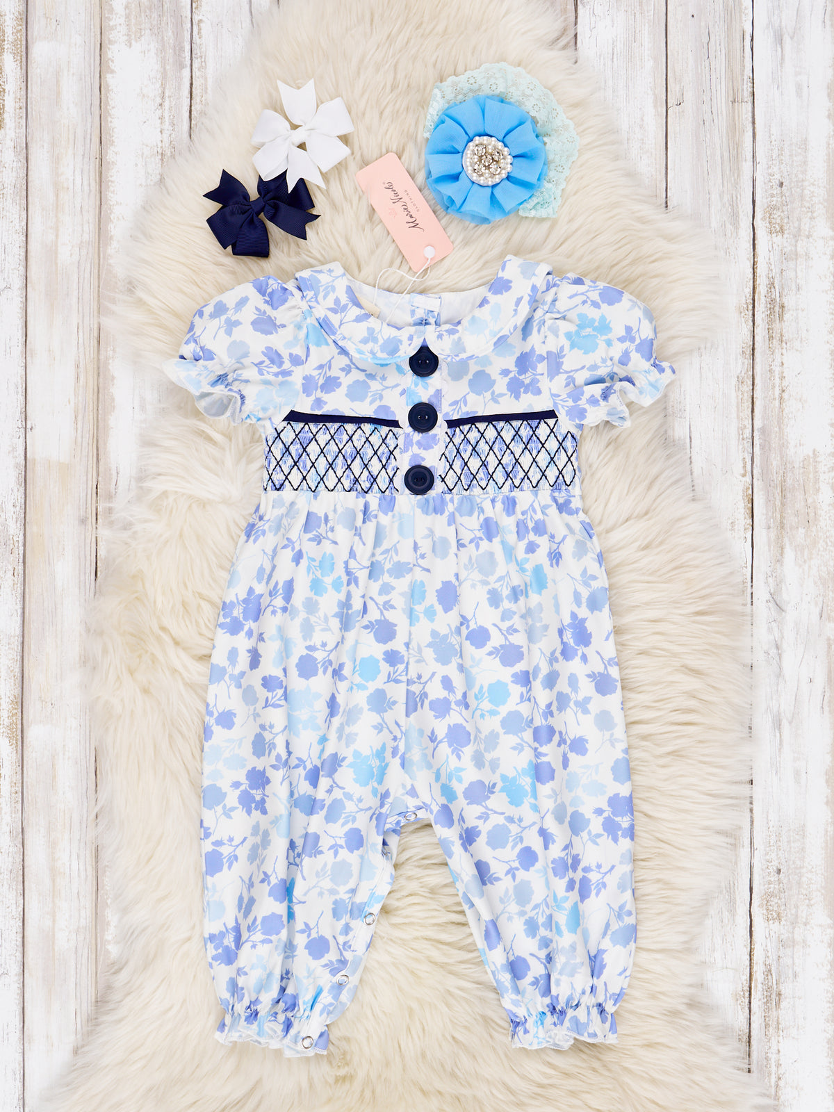 Smocked Cornflower Vintage Romper - Marie Nicole Clothing