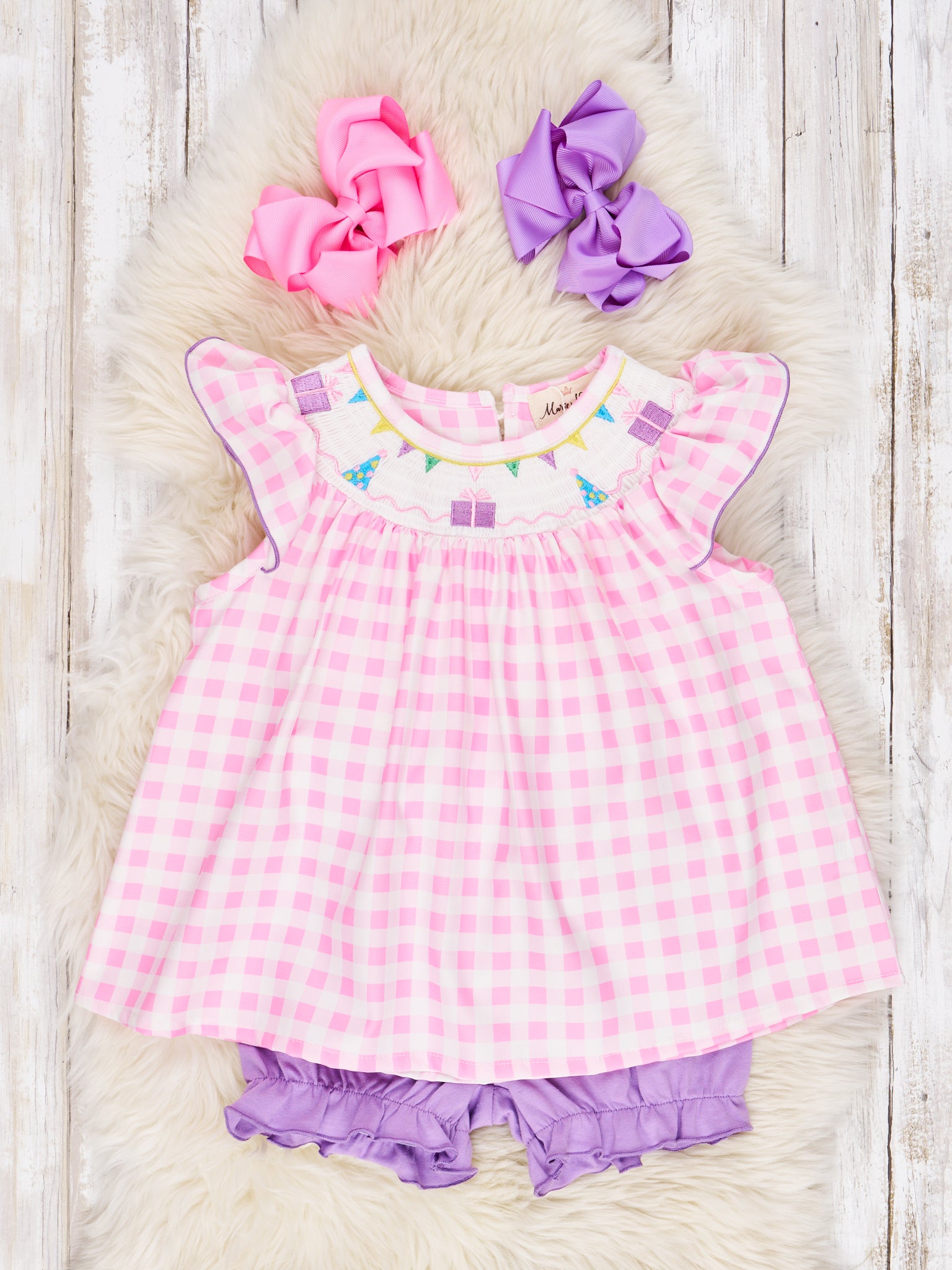 Gingham Smocked Party Outfit - Marie Nicole Clothing