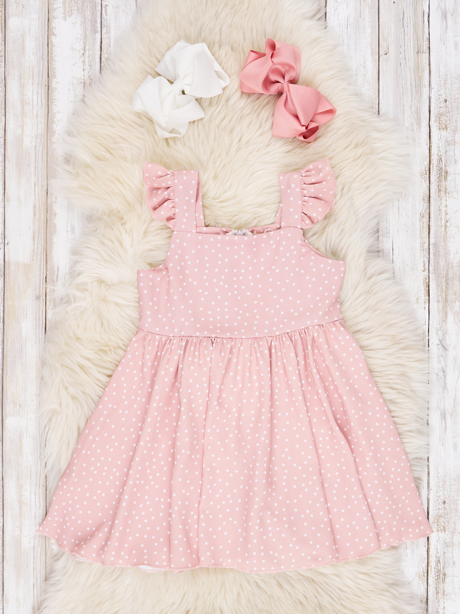 Mauve Polka Dot Tie Ruffle Dress - Marie Nicole Clothing